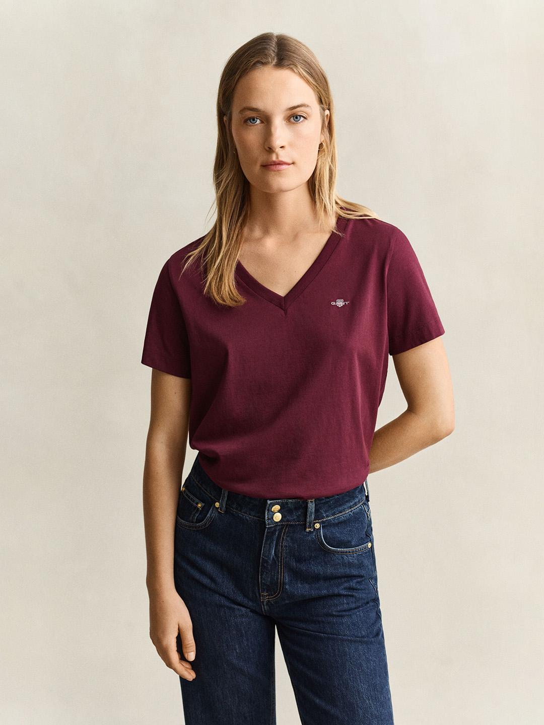 Gant Women Burgundy Regular Fit Solid Cotton T-Shirt