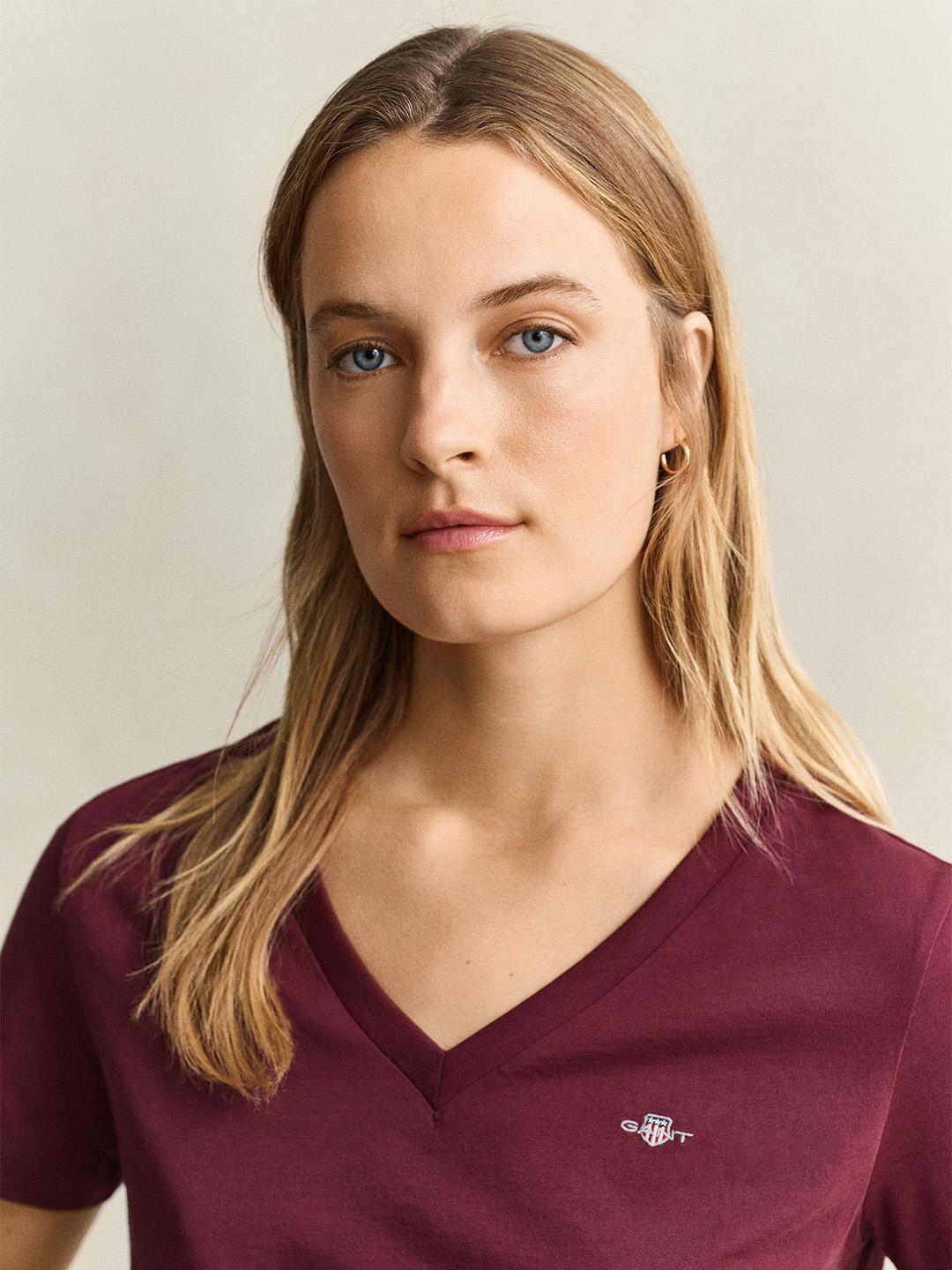 Gant Women Burgundy Regular Fit Solid Cotton T-Shirt