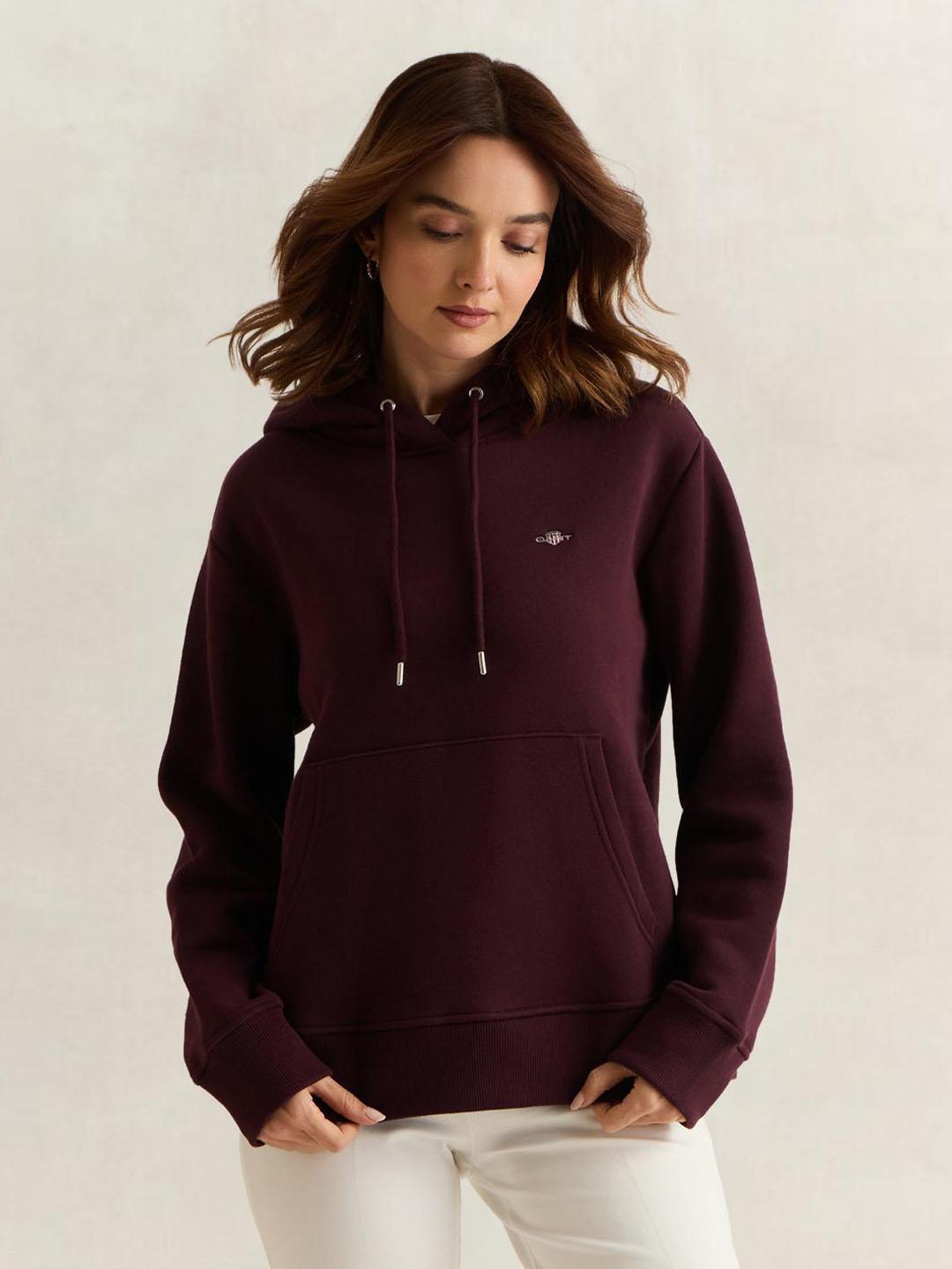 Gant Women Wine Solid Relaxed Fit Hoodie