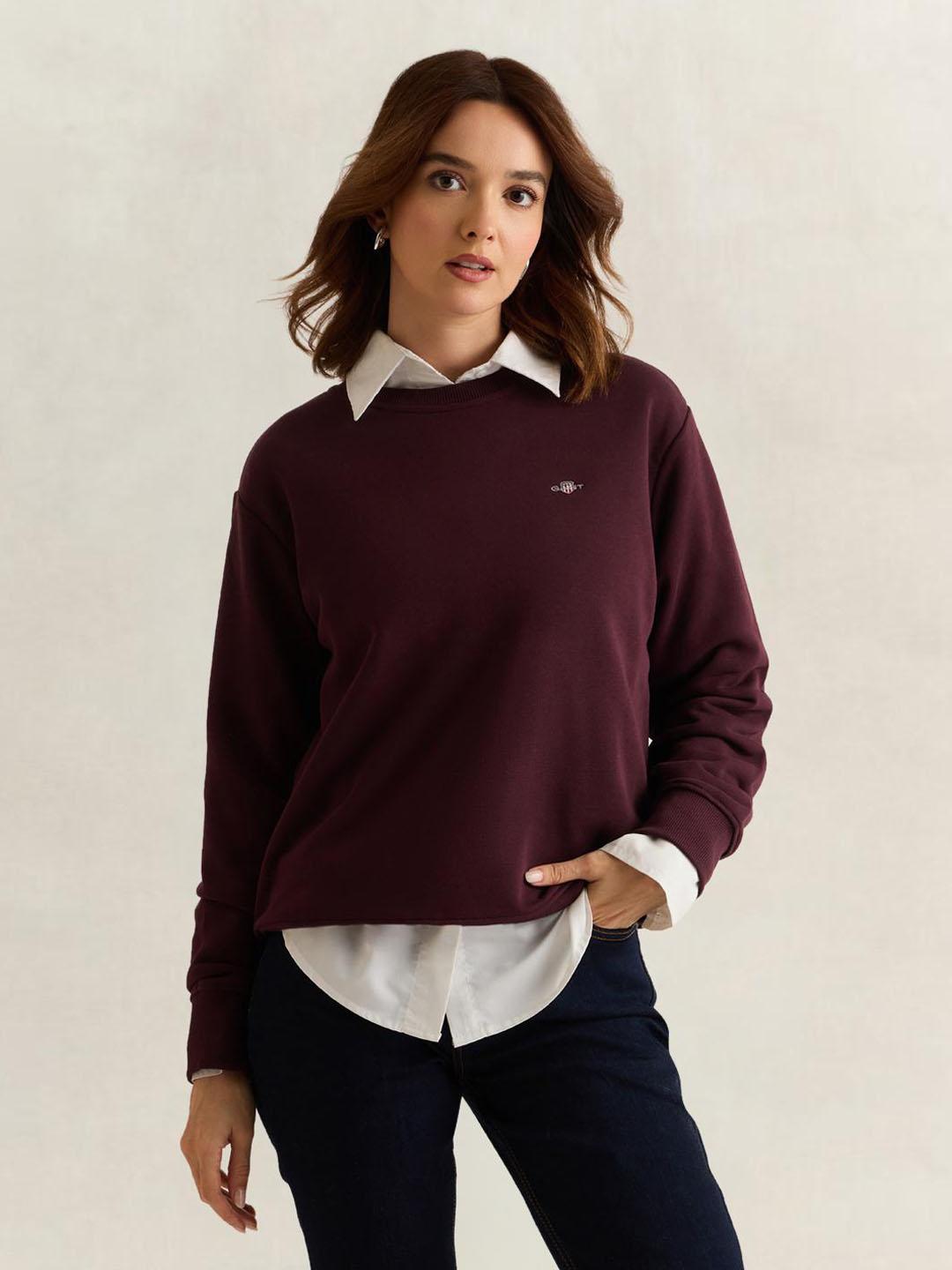 Gant Women Wine Solid Relaxed Fit Sweatshirt