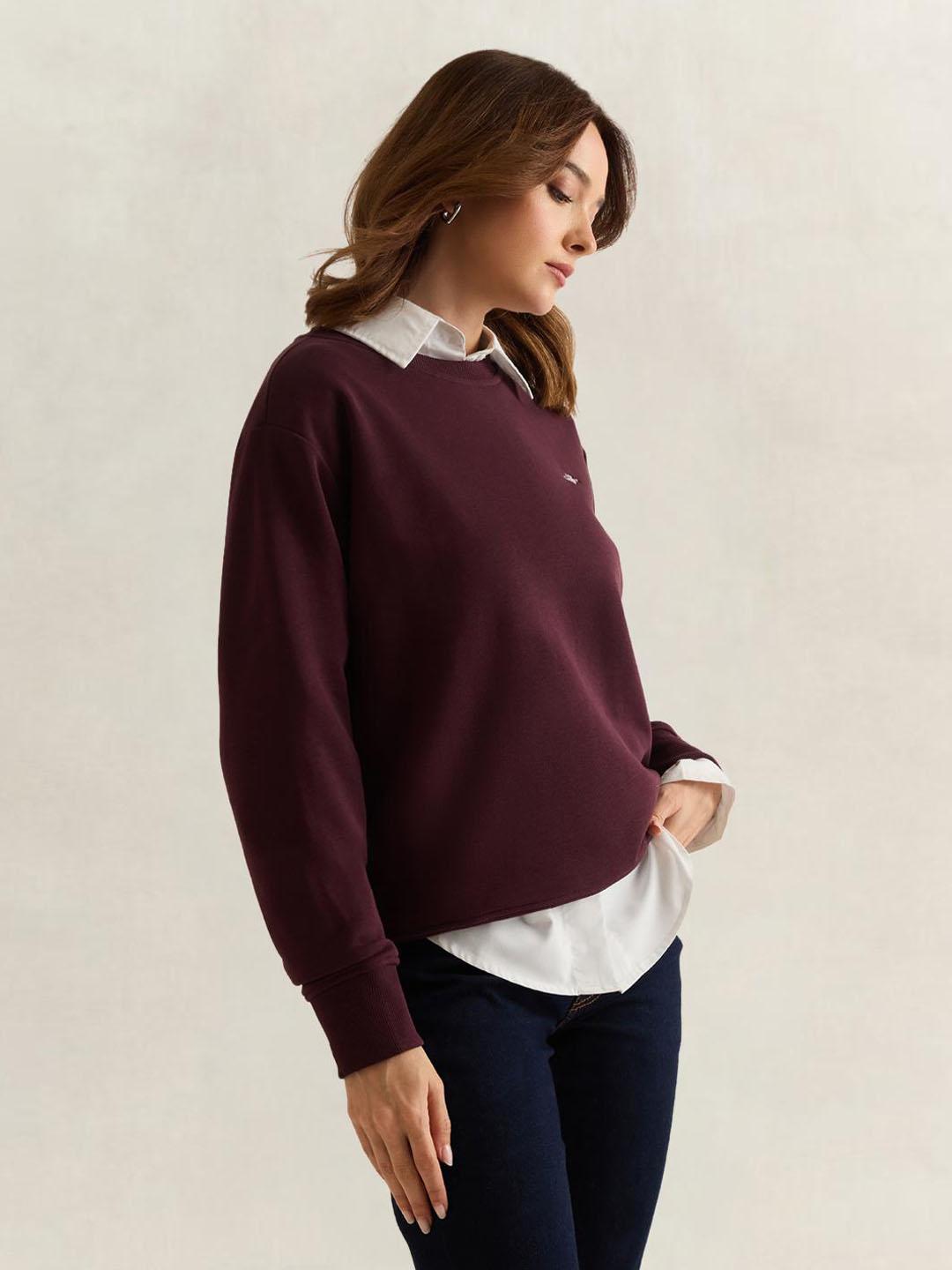 Gant Women Wine Solid Relaxed Fit Sweatshirt