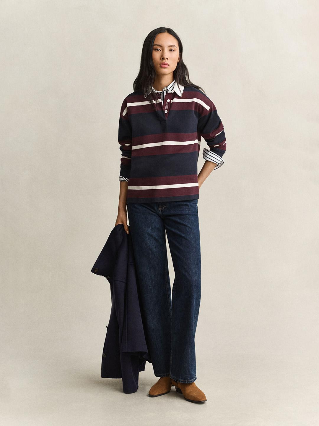 Gant Women Dark Blue Relaxed Fit Striped Cotton Sweatshirt