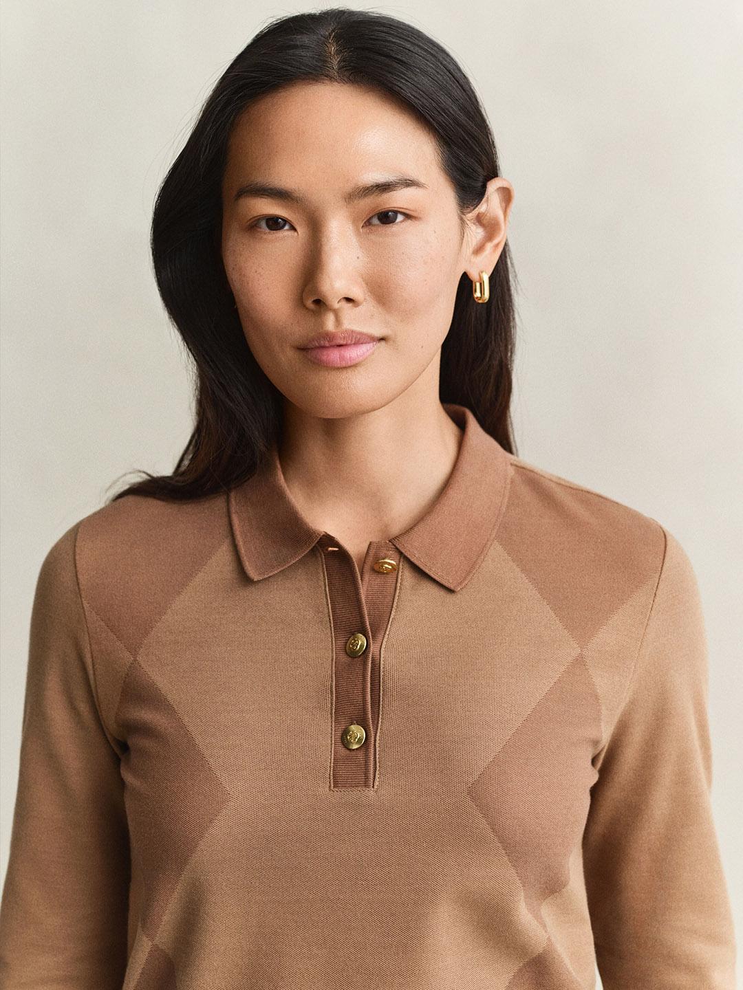 Gant Women Brown Regular Fit Solid Pure Cotton Polo Tshirt