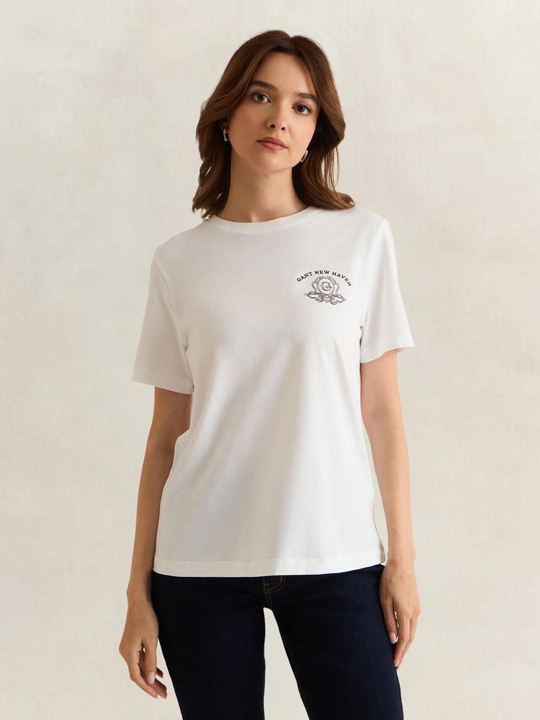 Gant Women White Graphic Regular Fit Cotton T-Shirt