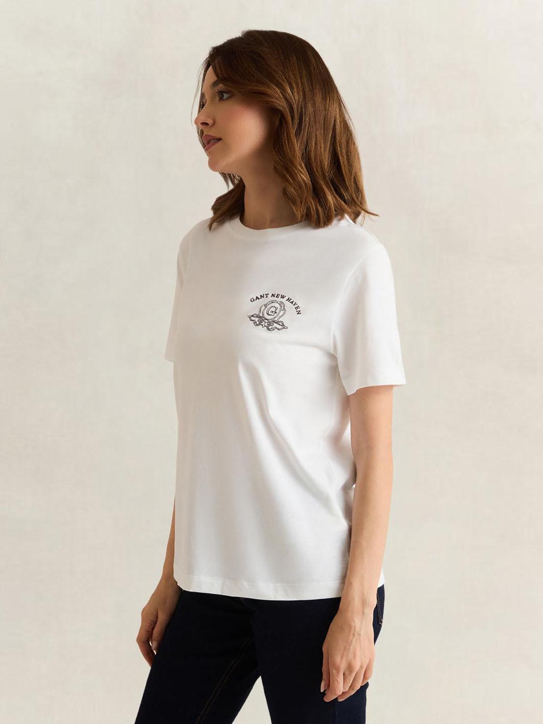 Gant Women White Graphic Regular Fit Cotton T-Shirt