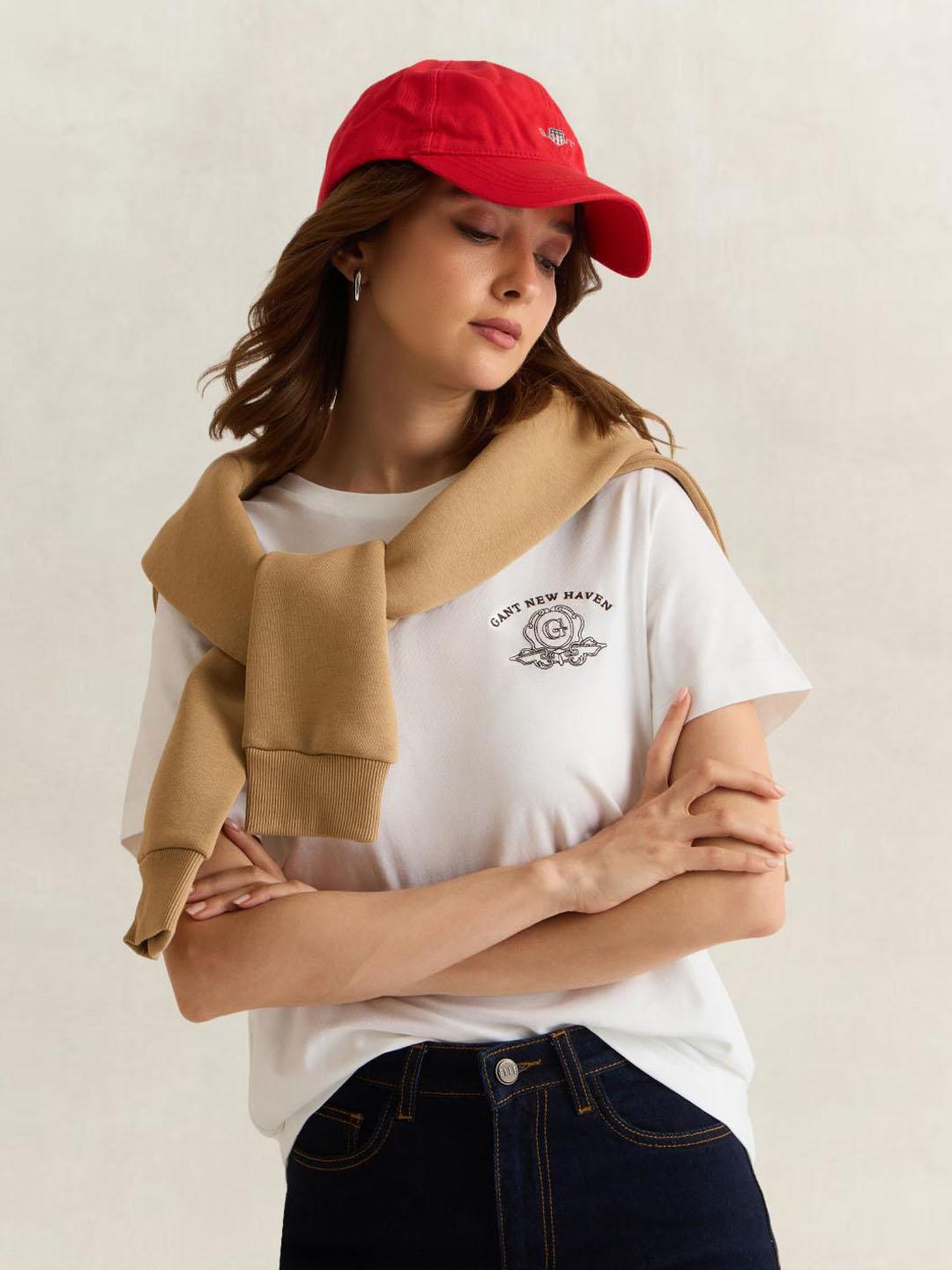 Gant Women White Graphic Regular Fit Cotton T-Shirt