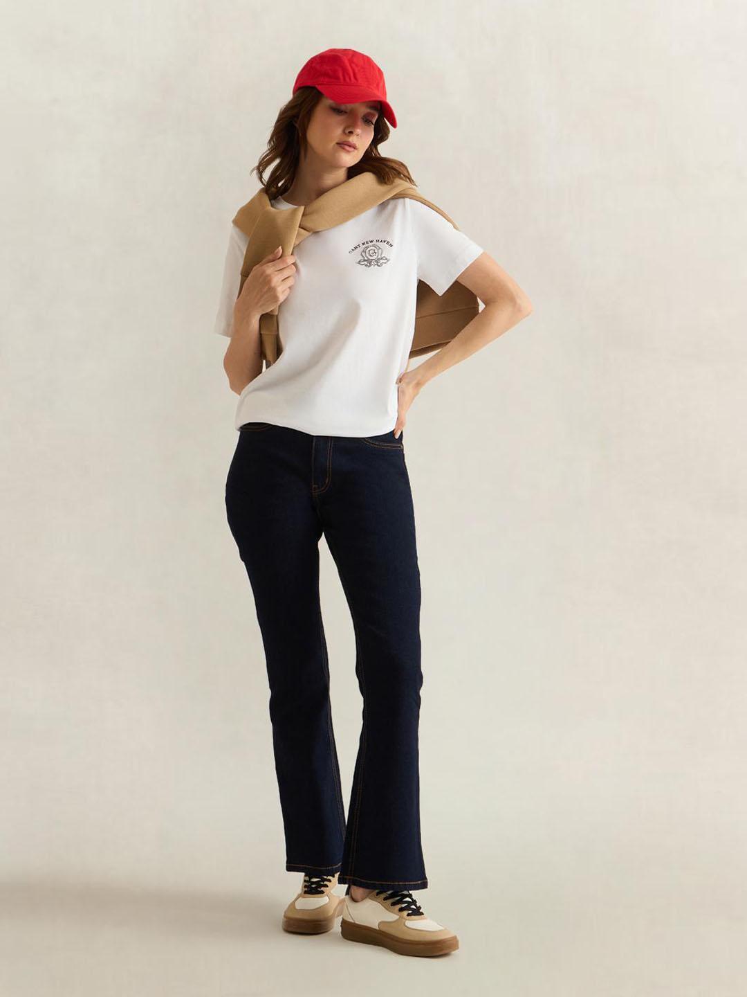 Gant Women White Graphic Regular Fit Cotton T-Shirt