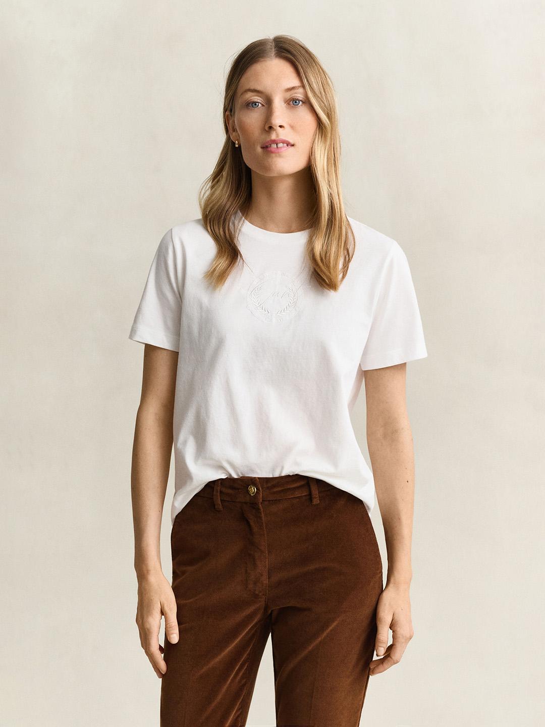 Gant Women White Graphic Regular Fit Cotton T-Shirt