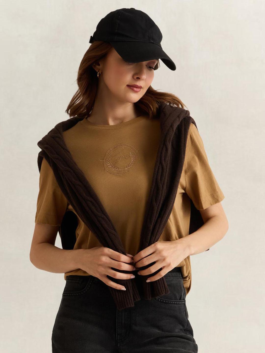 Gant Women Brown Graphic Regular Fit Organic Cotton T-Shirt