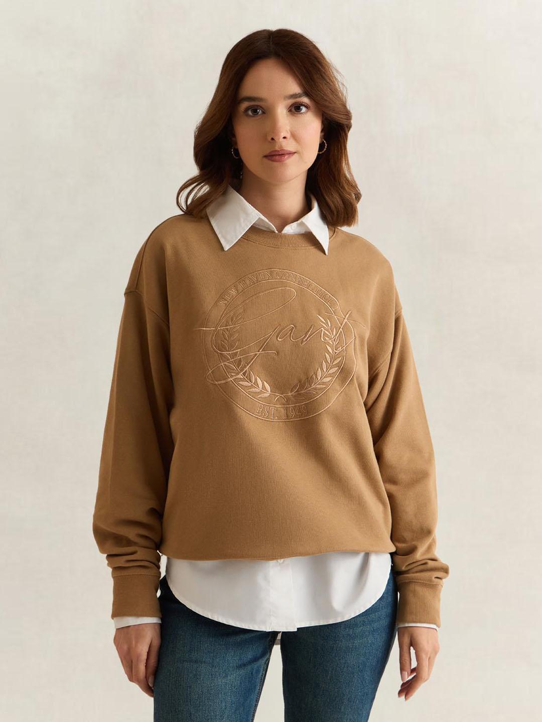 Gant Women Brown Graphic Relaxed Fit Cotton Sweatshirt