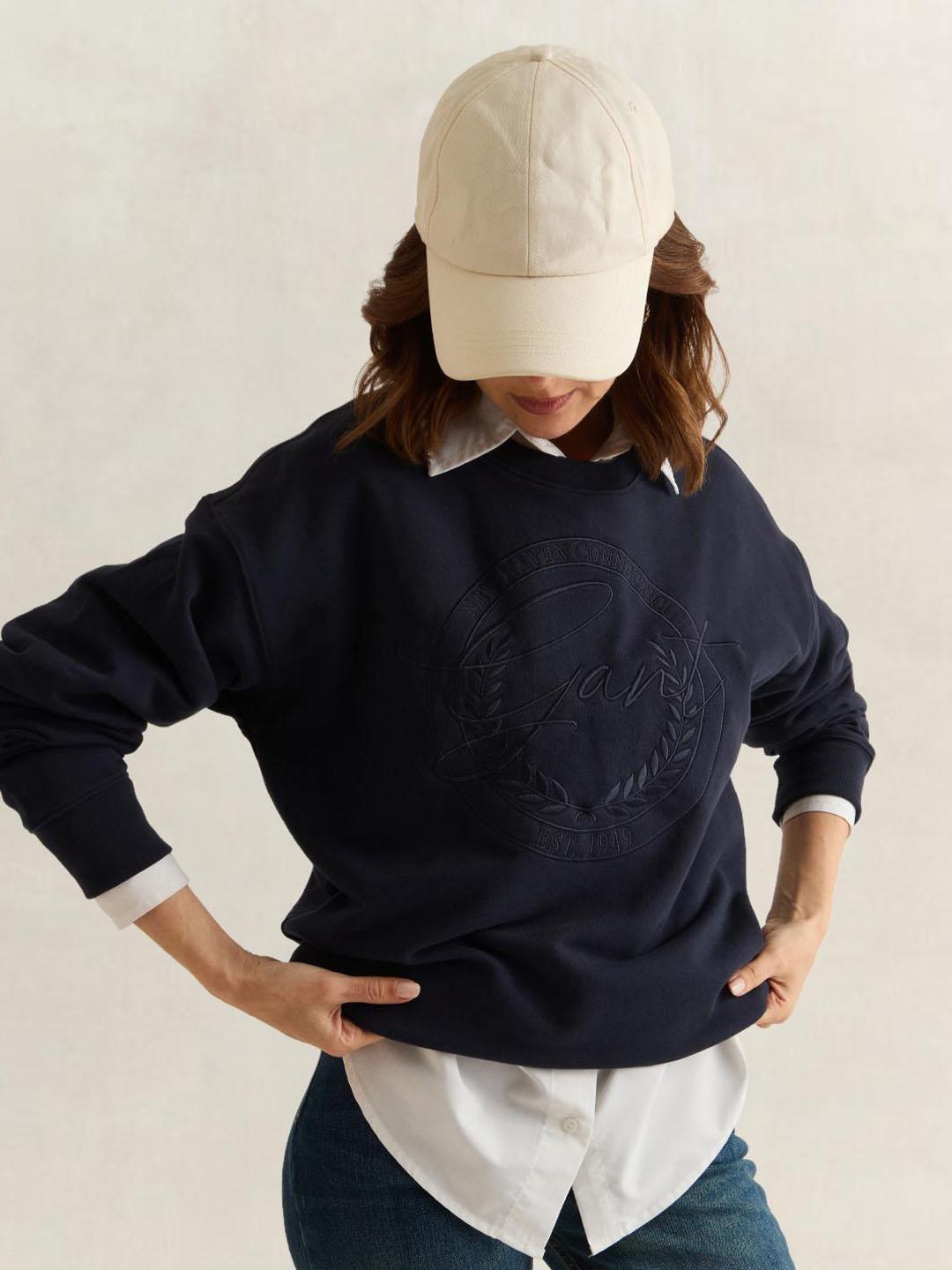 Gant Women Navy Blue Graphic Relaxed Fit Cotton Sweatshirt