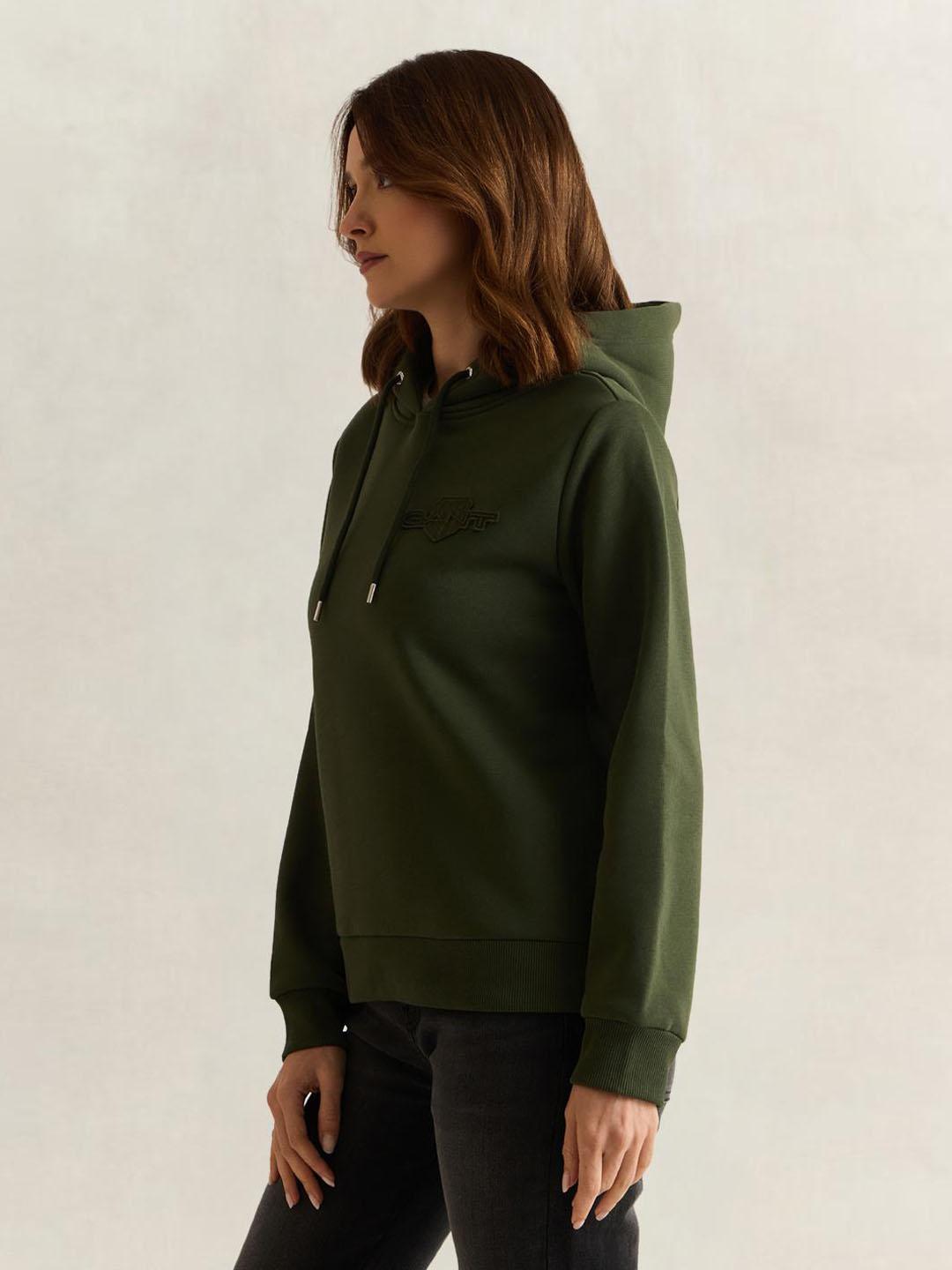 Gant Women Green Solid Regular Fit Hoodie