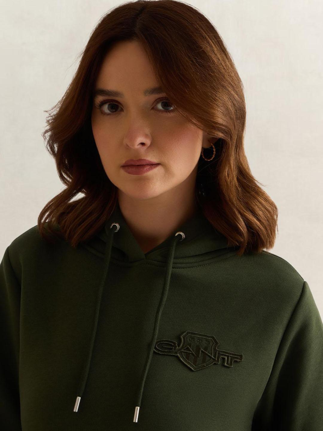 Gant Women Green Solid Regular Fit Hoodie