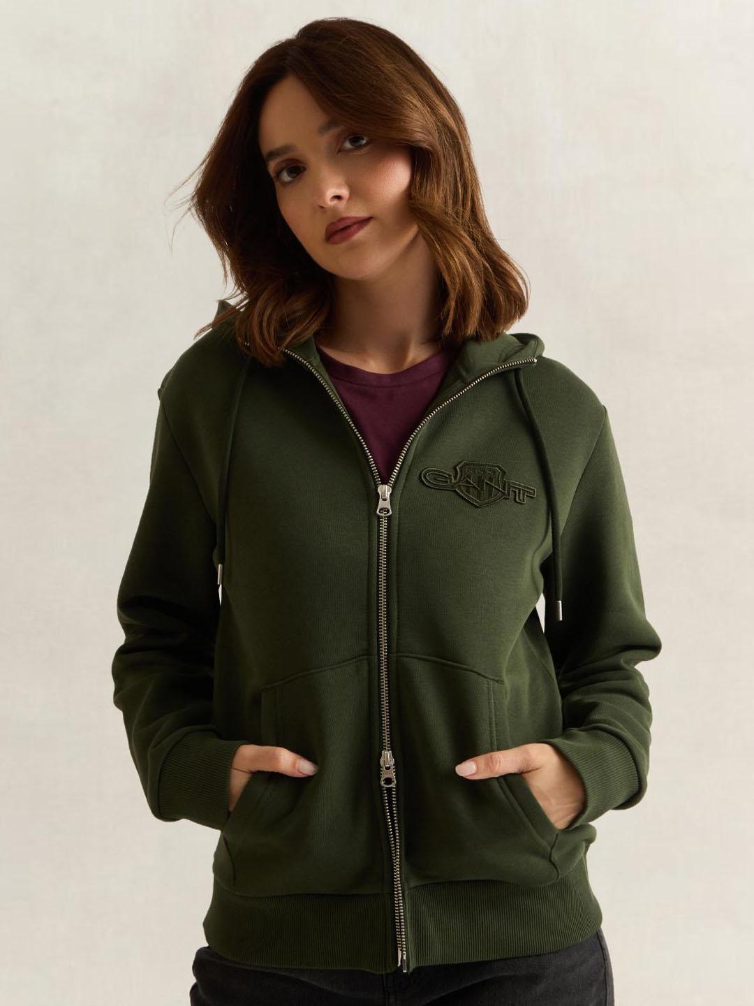 Gant Women Green Solid Regular Fit Sweatshirt