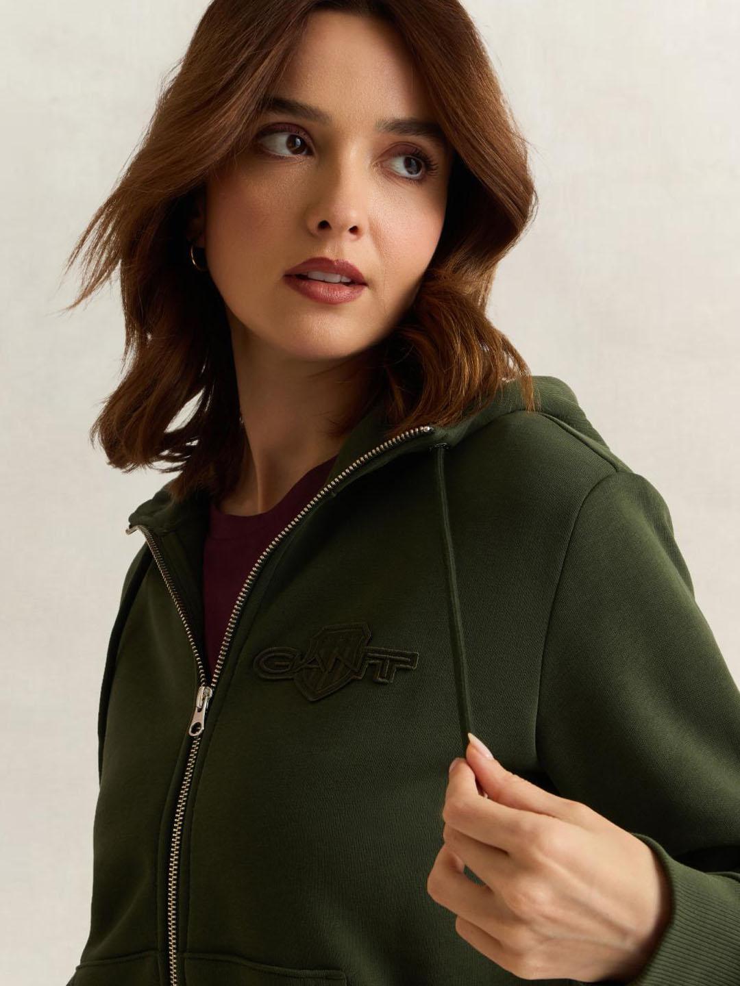 Gant Women Green Solid Regular Fit Sweatshirt