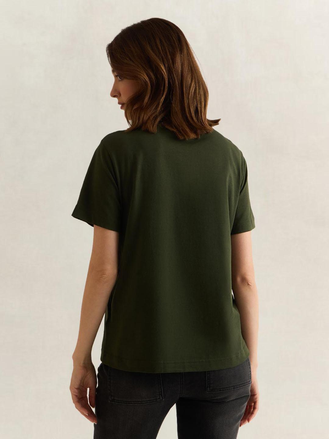 Gant Women Green Solid Regular Fit Cotton T-Shirt
