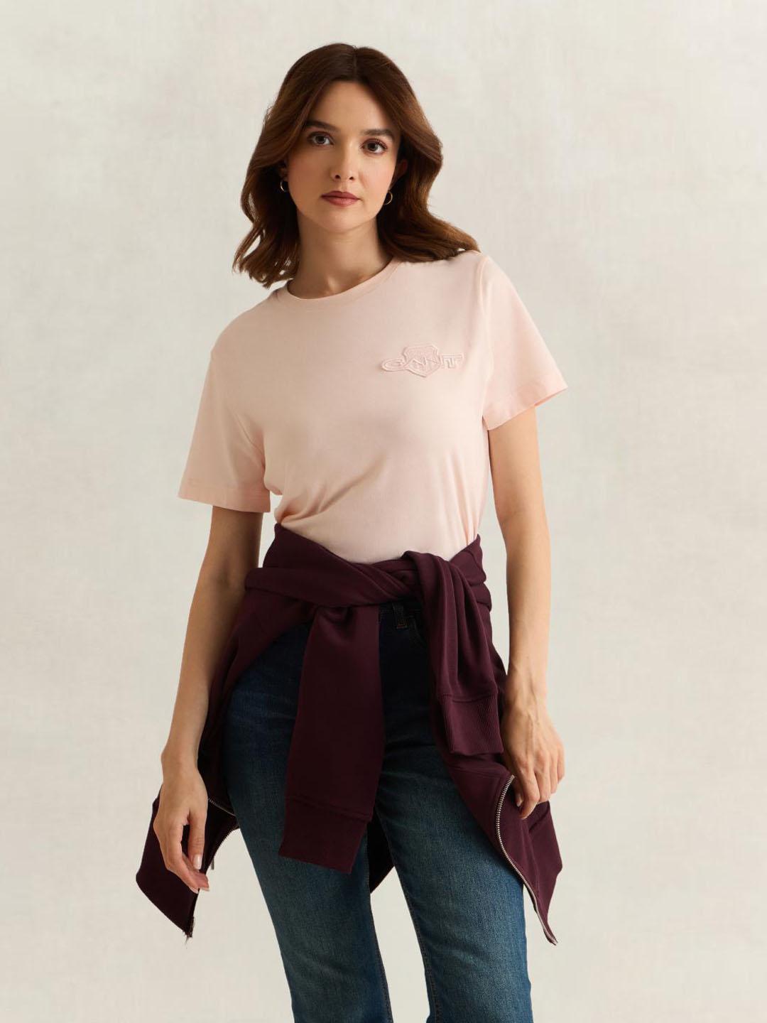 Gant Women Pink Solid Regular Fit Cotton T-Shirt