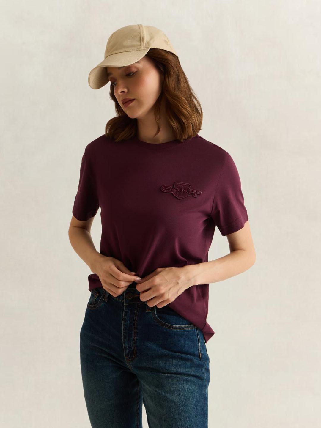 Gant Women Wine Solid Regular Fit Cotton T-Shirt