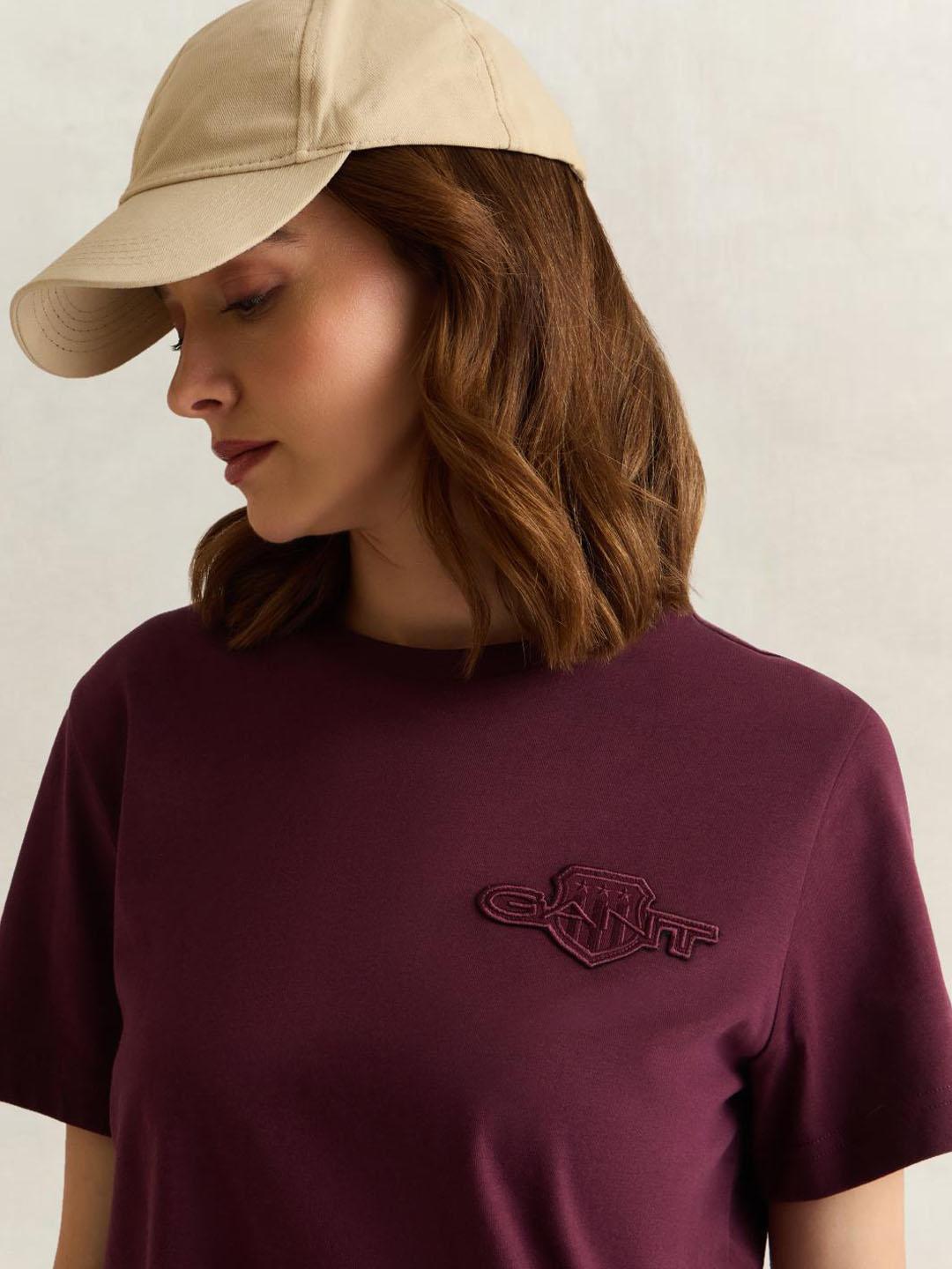 Gant Women Wine Solid Regular Fit Cotton T-Shirt