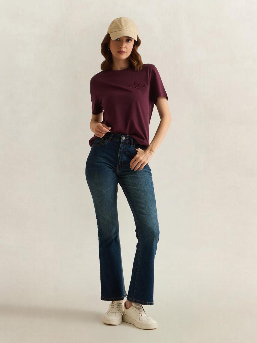 Gant Women Wine Solid Regular Fit Cotton T-Shirt