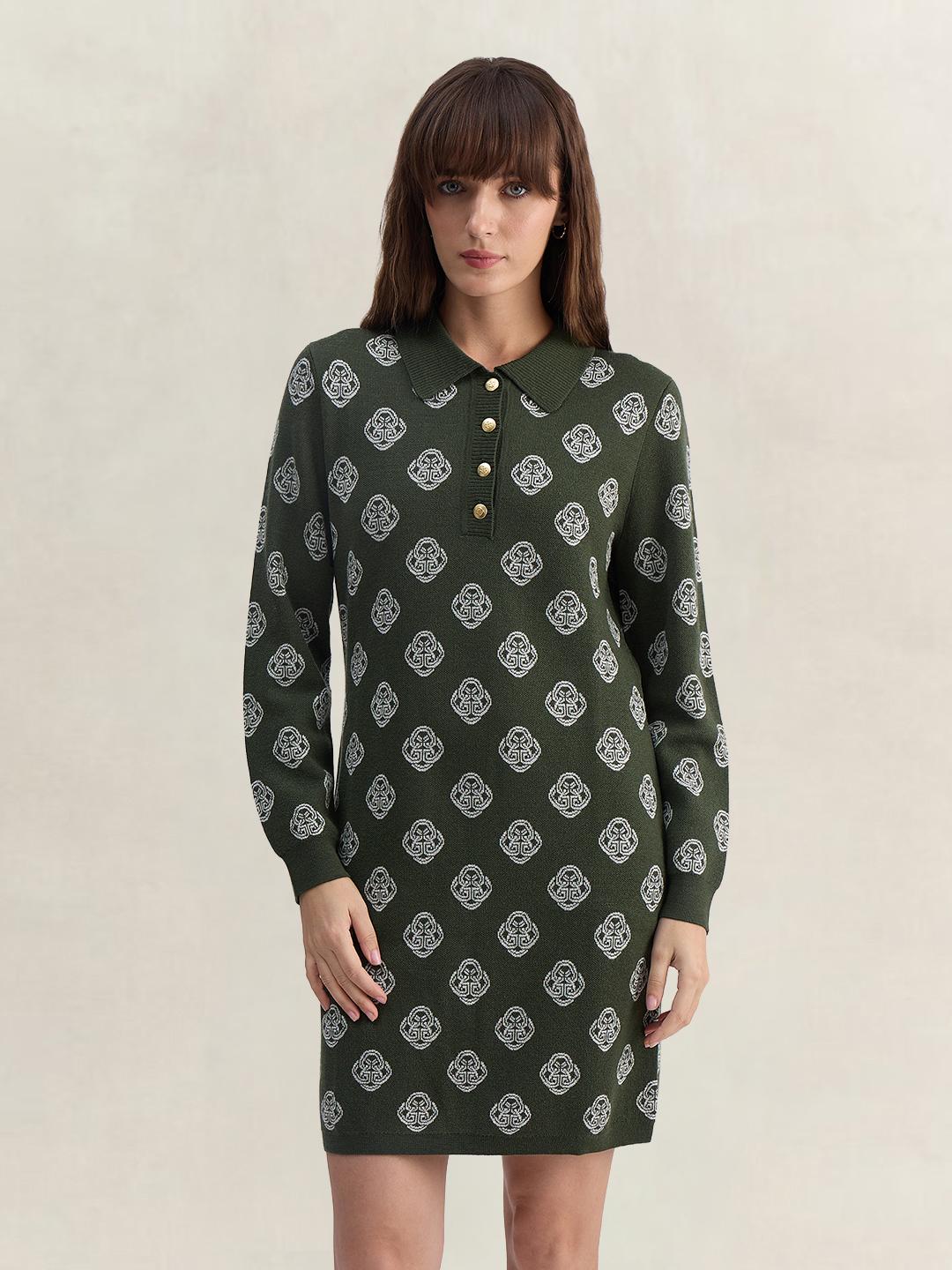 Gant Women Green Regular Fit Graphic Merinowool Dress