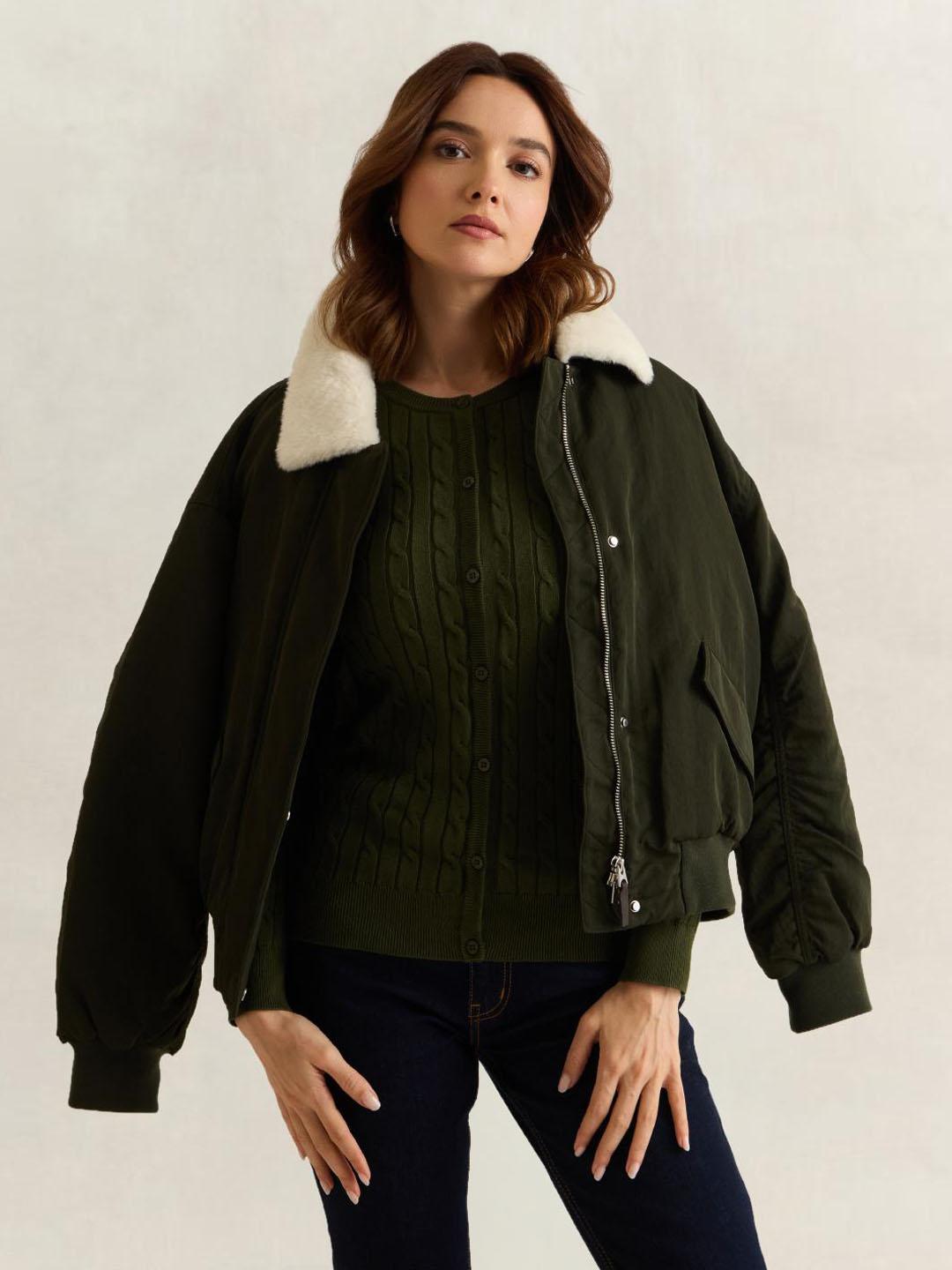 Gant Women Olive Solid Slim Fit Cardigan