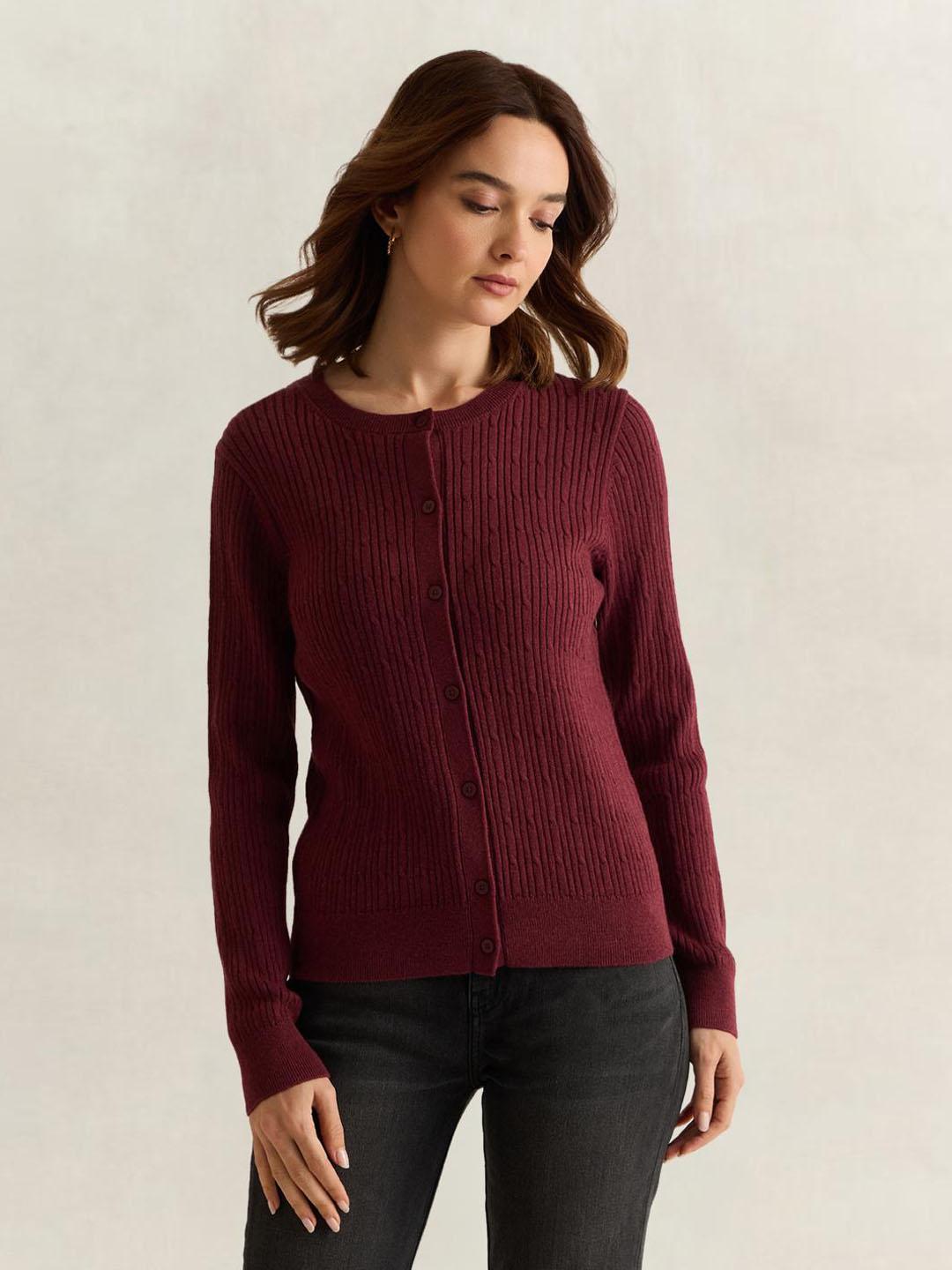 Gant Women Wine Solid Regular Fit Cardigan