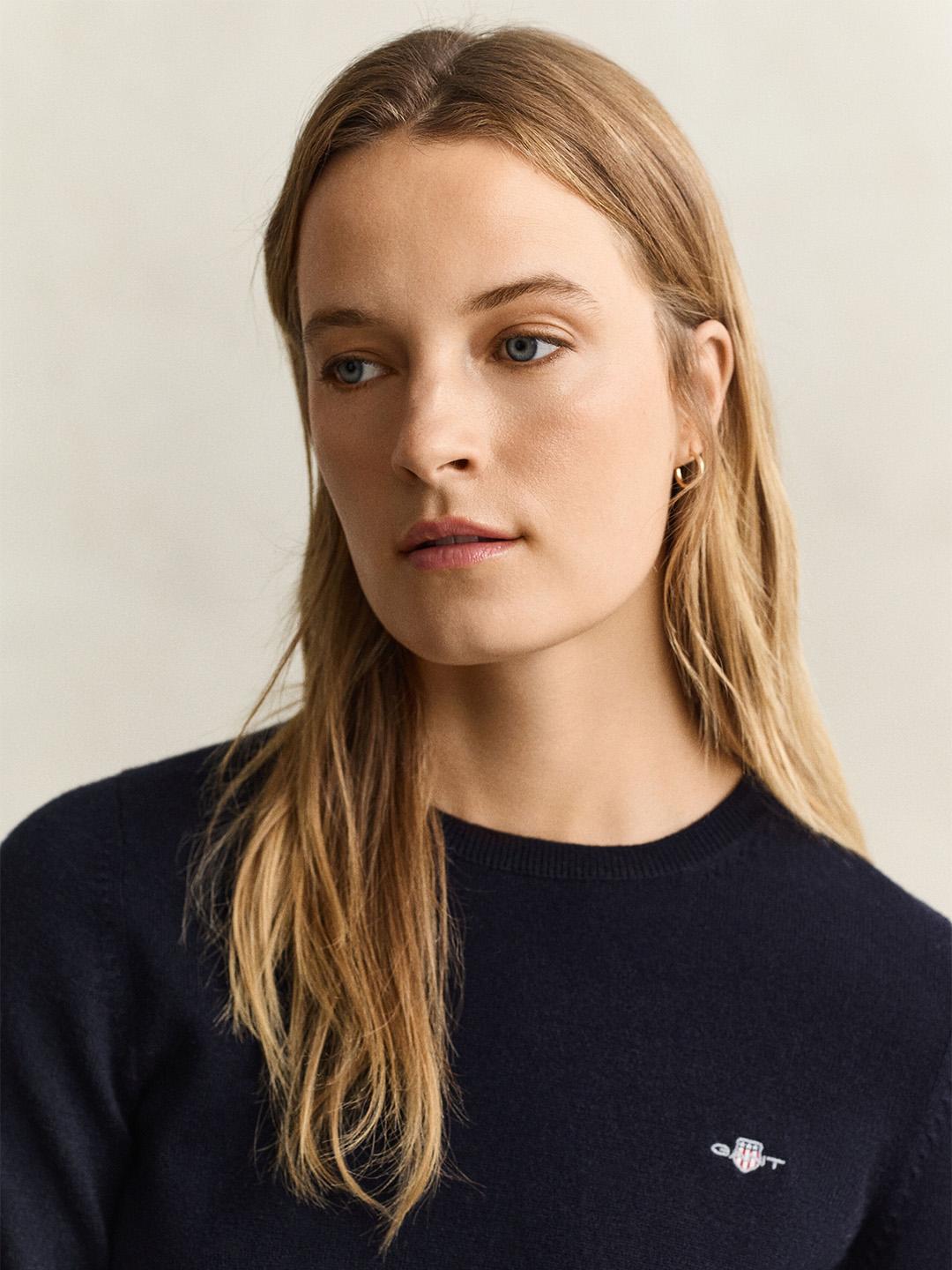 Gant Women Blue Regular Fit Solid Wool Cotton Sweater