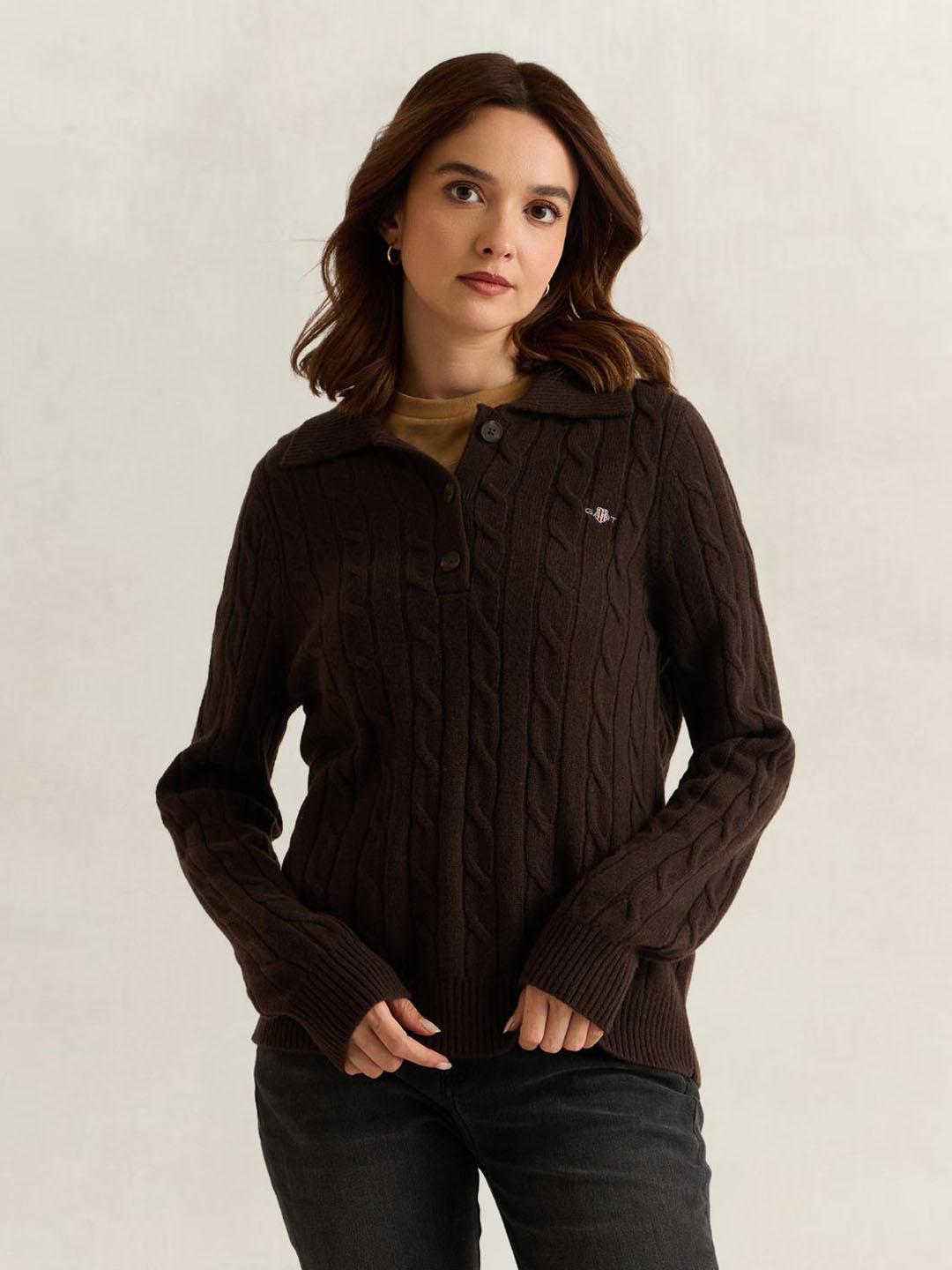 Gant Women Brown Textured Regular Fit Lambswool Sweater