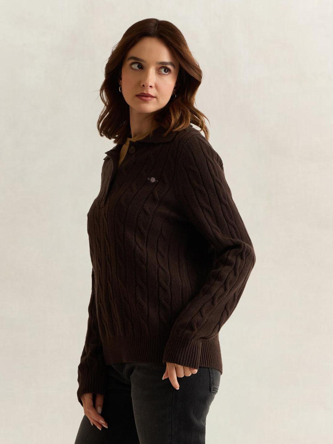 Gant Women Brown Textured Regular Fit Lambswool Sweater