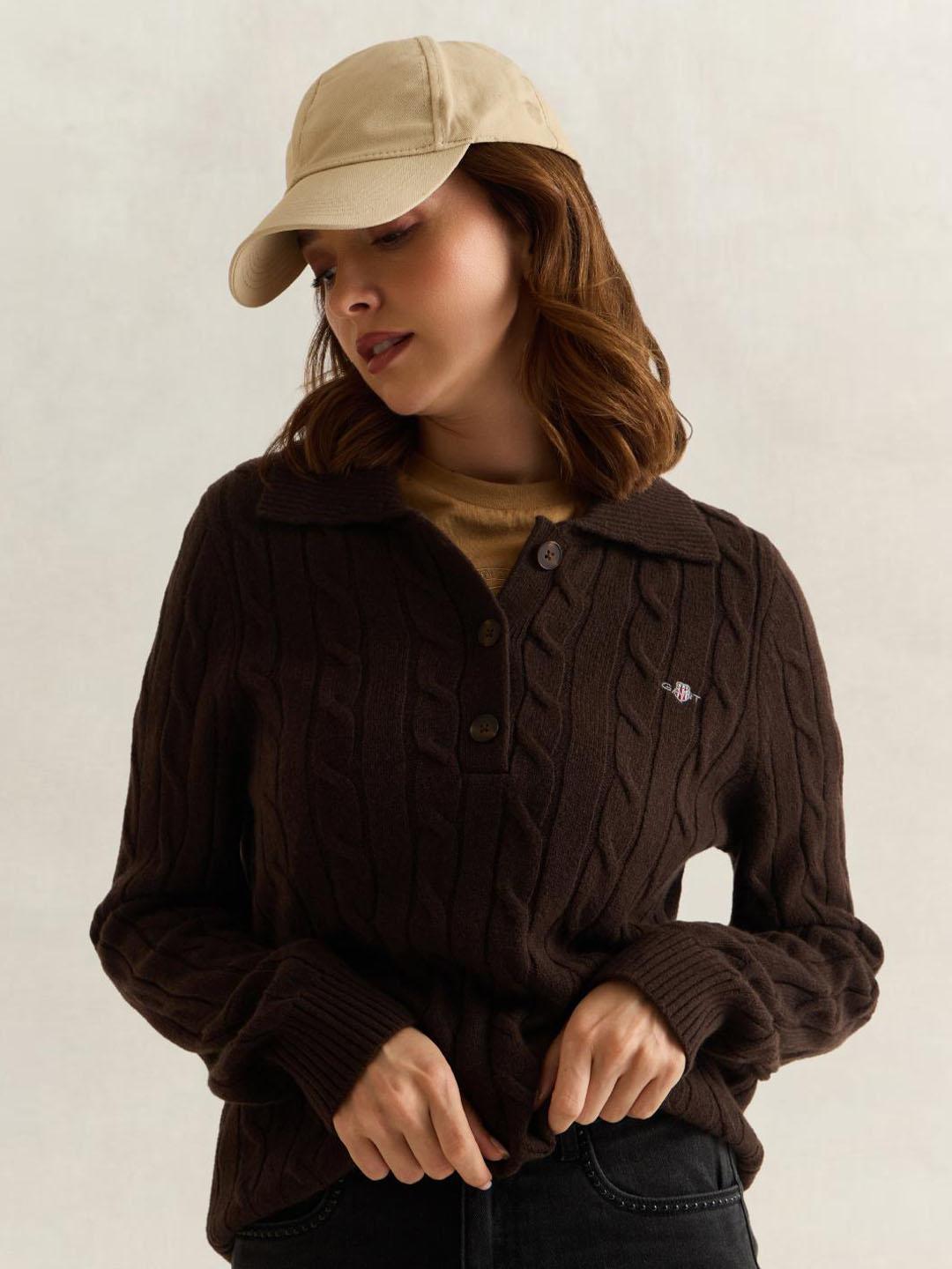 Gant Women Brown Textured Regular Fit Lambswool Sweater