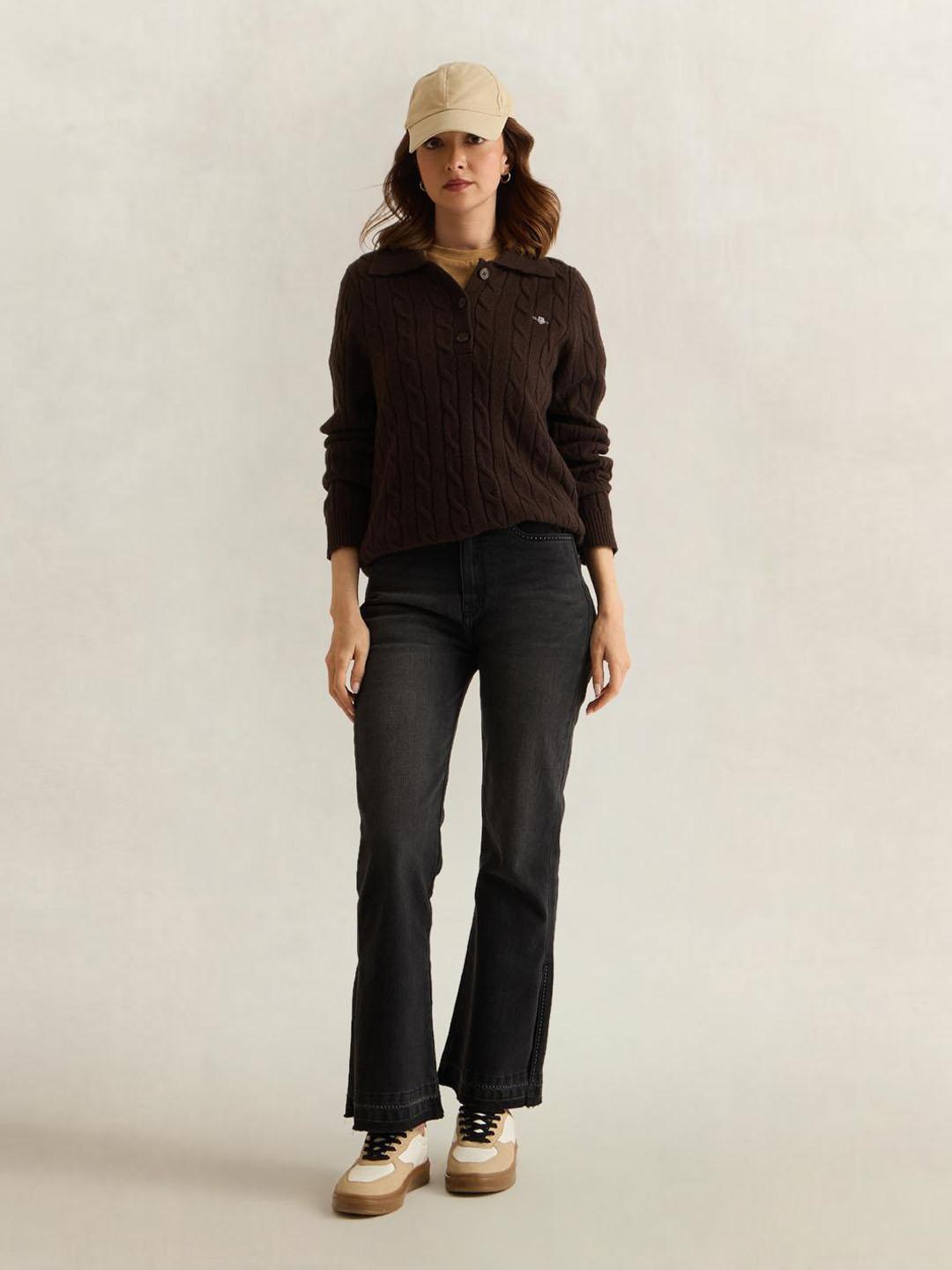 Gant Women Brown Textured Regular Fit Lambswool Sweater