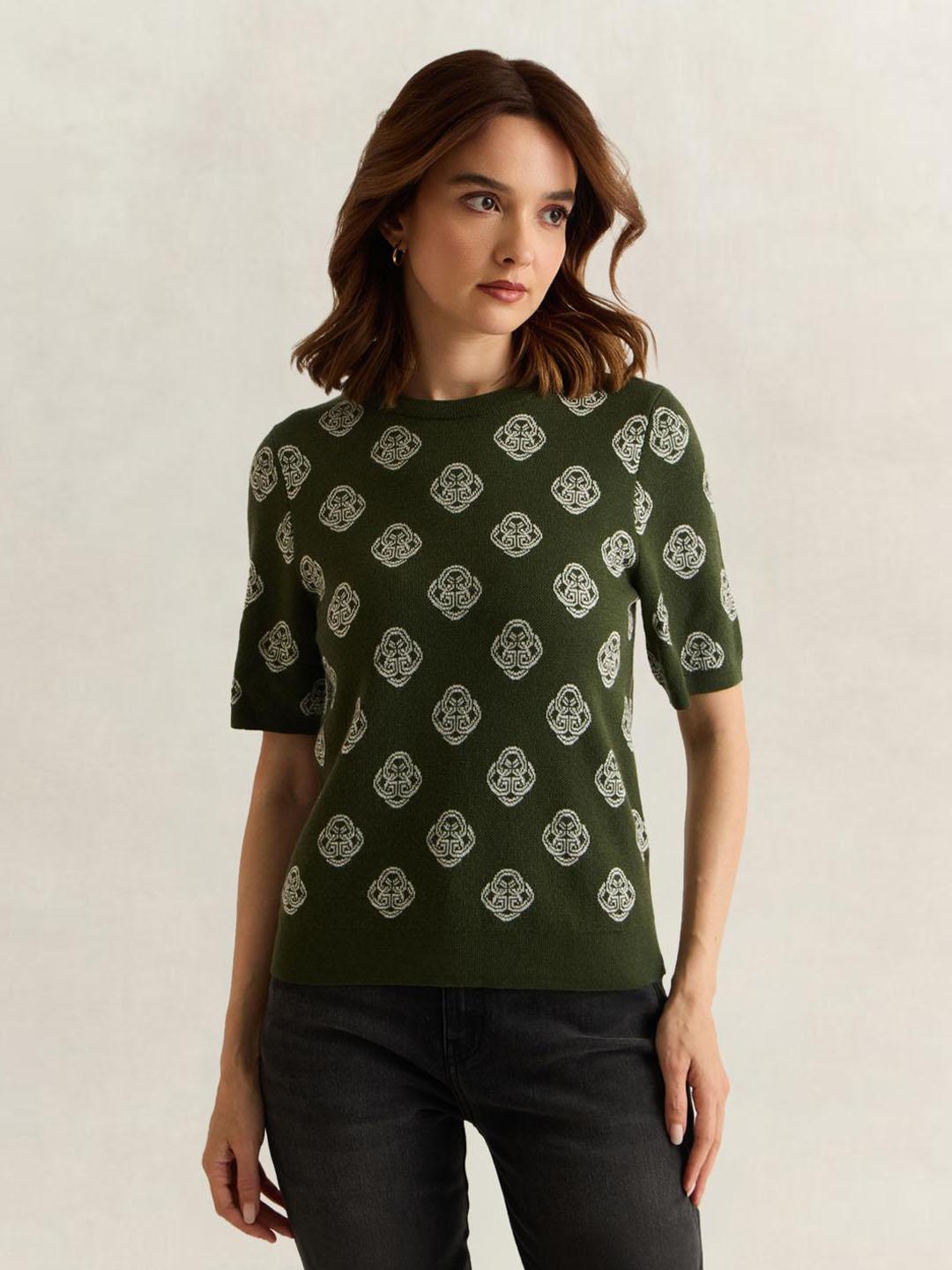 Gant Women Green Graphic Regular Fit Merinowool Jacquard Sweater