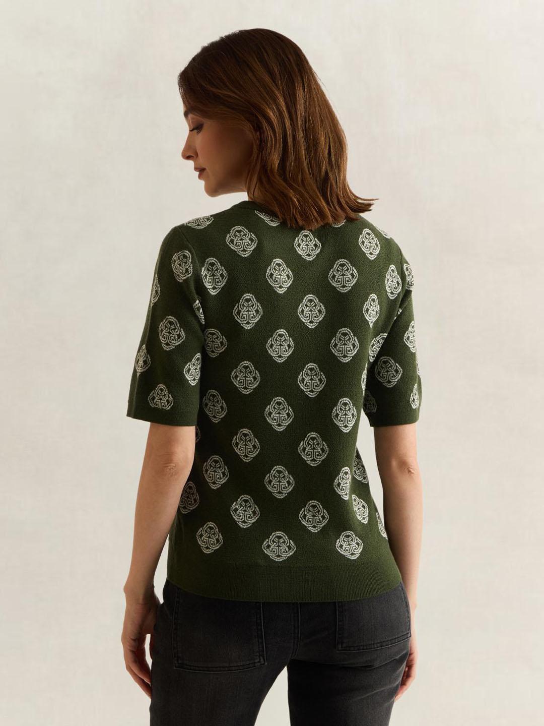 Gant Women Green Graphic Regular Fit Merinowool Jacquard Sweater