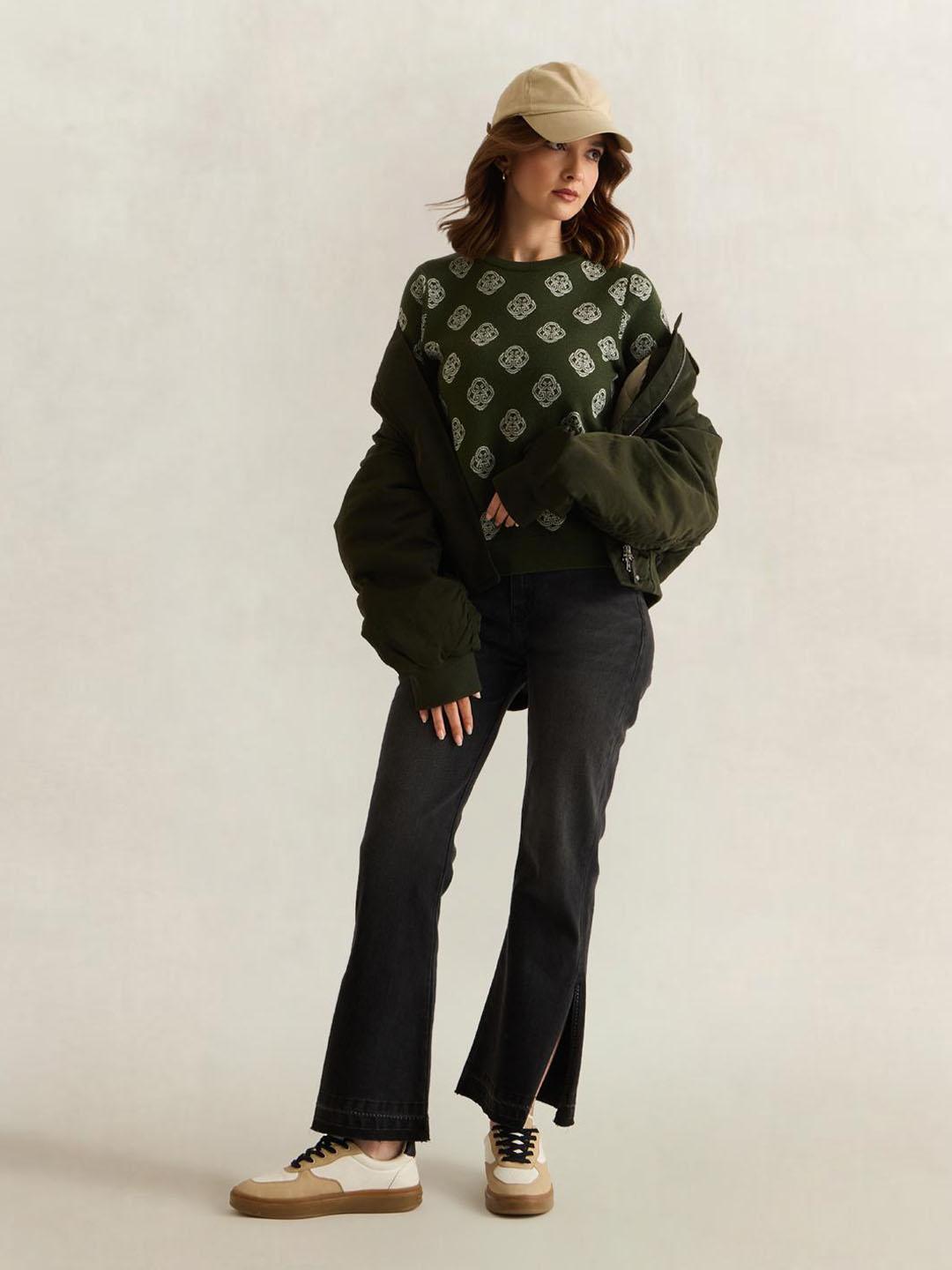 Gant Women Green Graphic Regular Fit Merinowool Jacquard Sweater