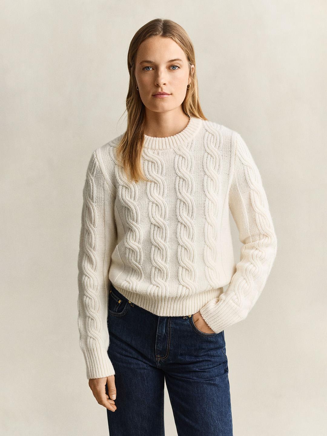Gant Women Off White Cable Relaxed Fit Wool Blend Sweater