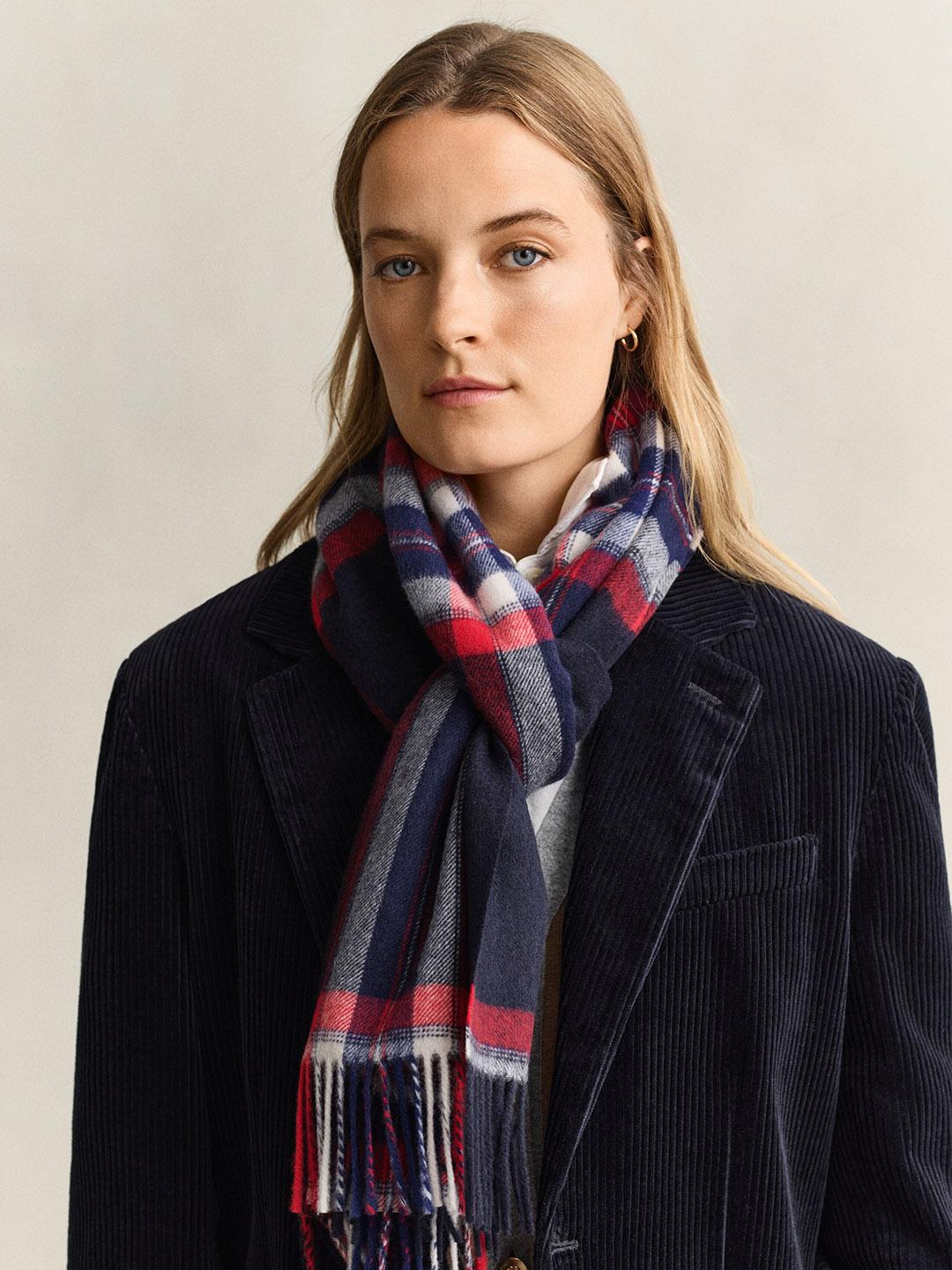 Gant Women Dark Blue Checked Merinowool Tartan Scarf