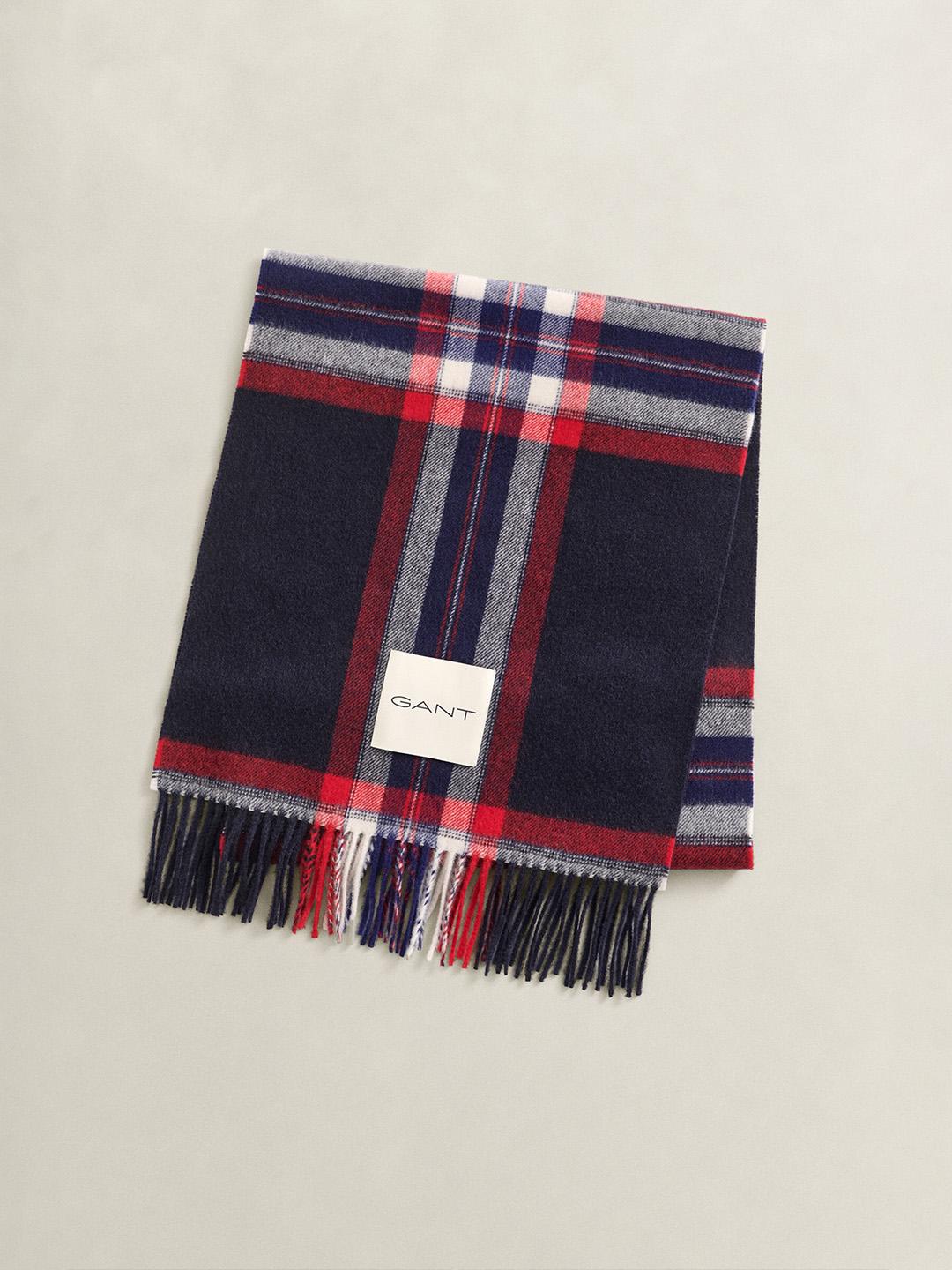 Gant Women Dark Blue Checked Merinowool Tartan Scarf