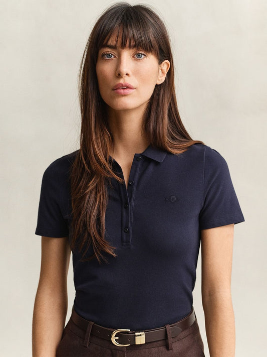 Gant Women Navy Blue Solid Slim Fit Polo T-Shirt