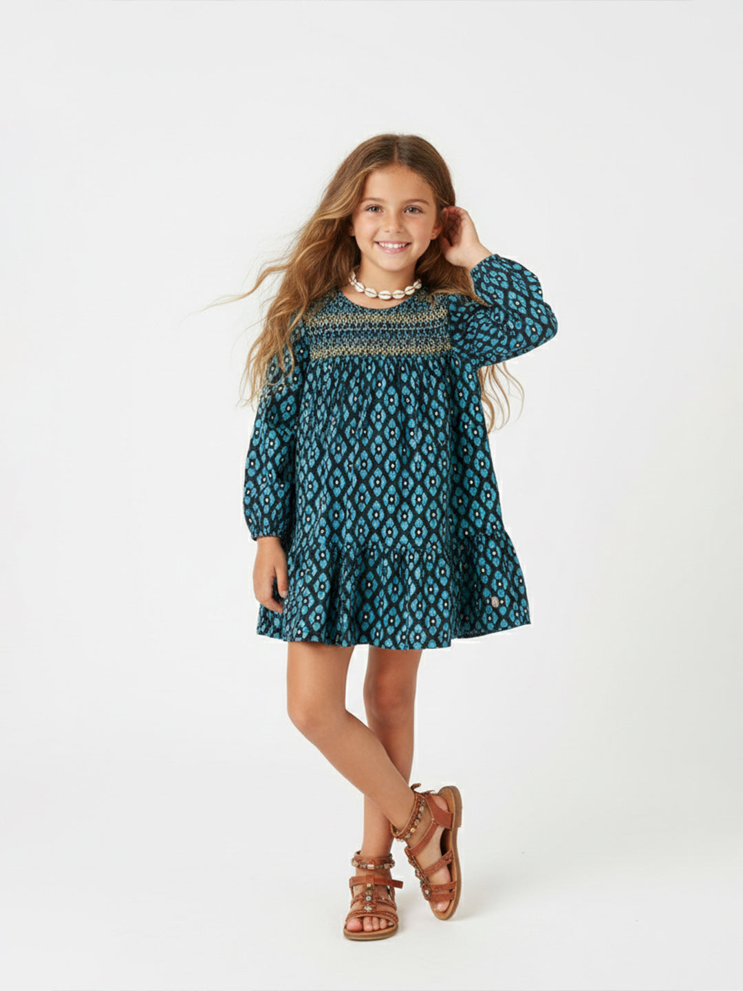 Blue Giraffe Girls Green Printed Round Neck Dress