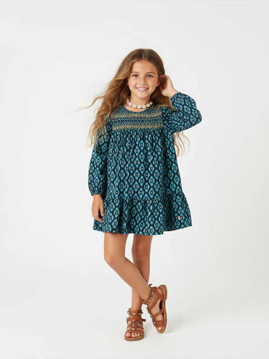 Blue Giraffe Girls Green Printed Round Neck Dress