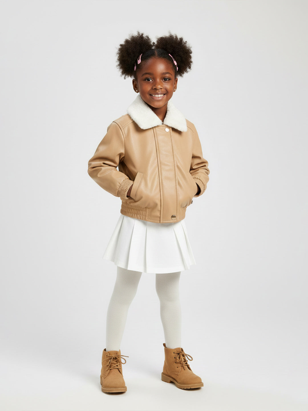Blue Giraffe Girls Beige Solid Collared Jacket