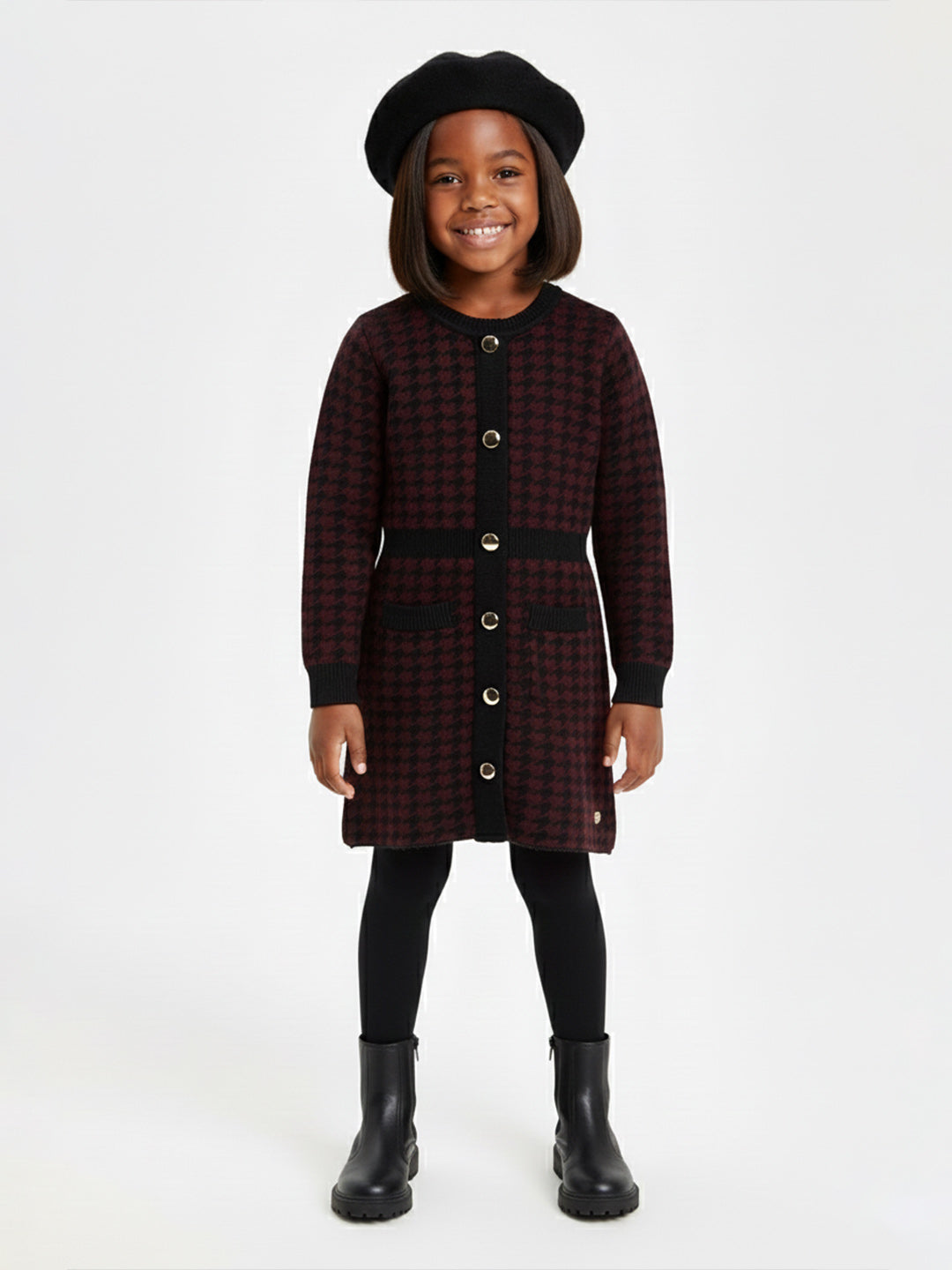 Blue Giraffe Girls Maroon Textured Round Neck Dress