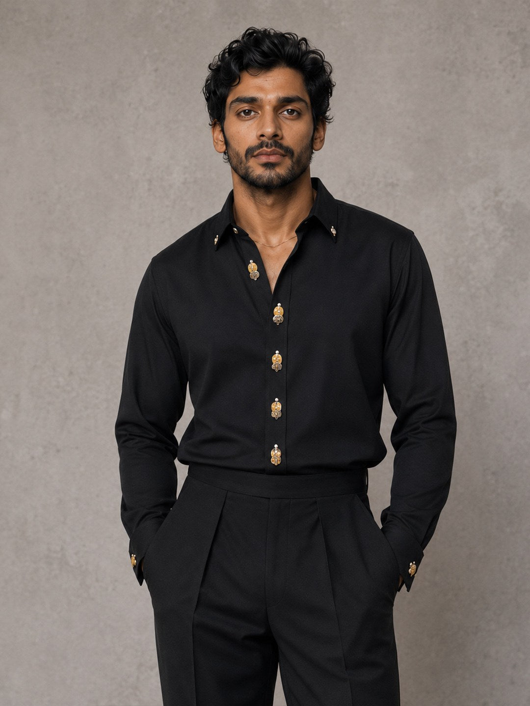 House of Rohit Doshi Men Black Embroidered Slim Fit Shirt