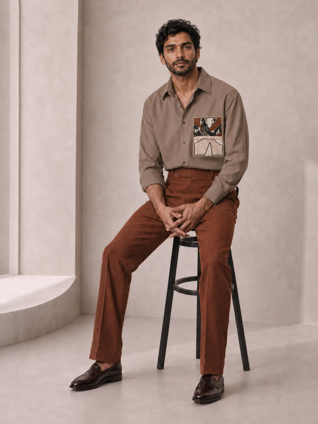 House of Rohit Doshi Men Taupe Embroidered Slim Fit Shirt