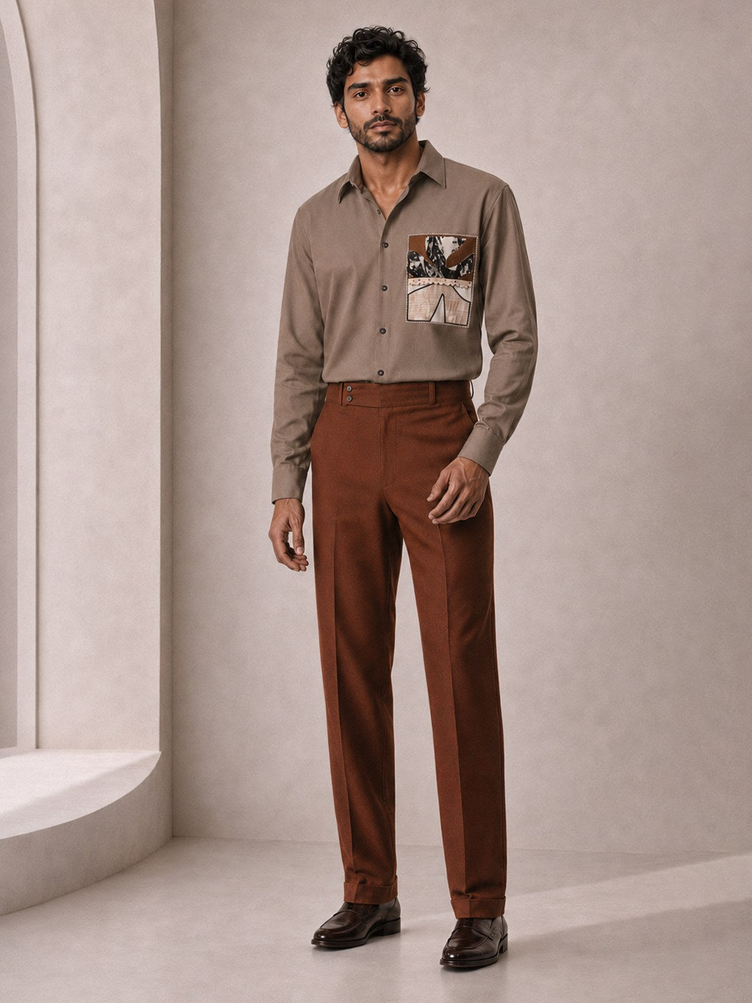 House of Rohit Doshi Men Taupe Embroidered Slim Fit Shirt