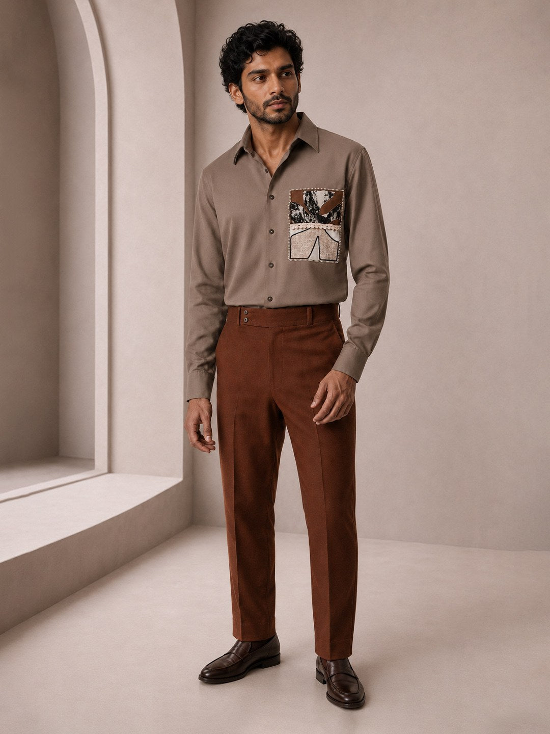 House of Rohit Doshi Men Taupe Embroidered Slim Fit Shirt