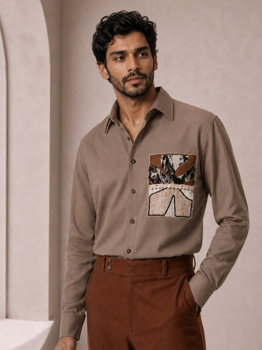 House of Rohit Doshi Men Taupe Embroidered Slim Fit Shirt