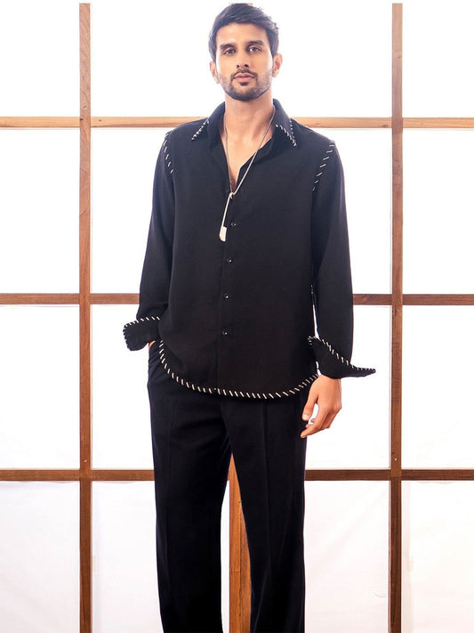 House Of Rohit Doshi Men Black Embroidered Slim Fit Shirt