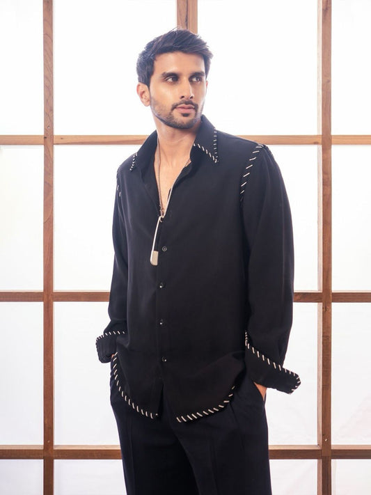 House Of Rohit Doshi Men Black Embroidered Slim Fit Shirt